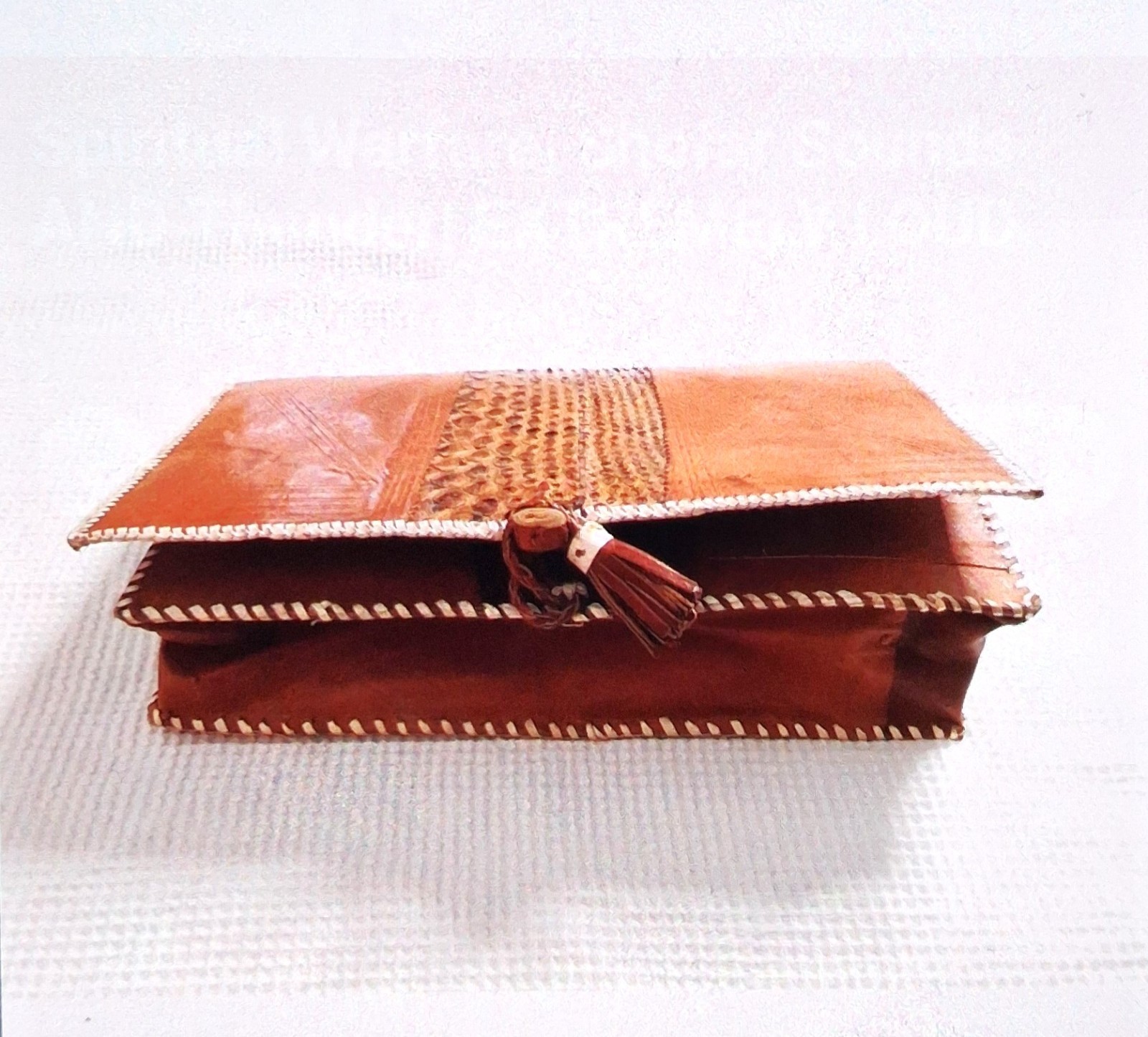 Vintage Handcrafted African Leather Snakeskin Crossbody Bag Whipstitch Clutch