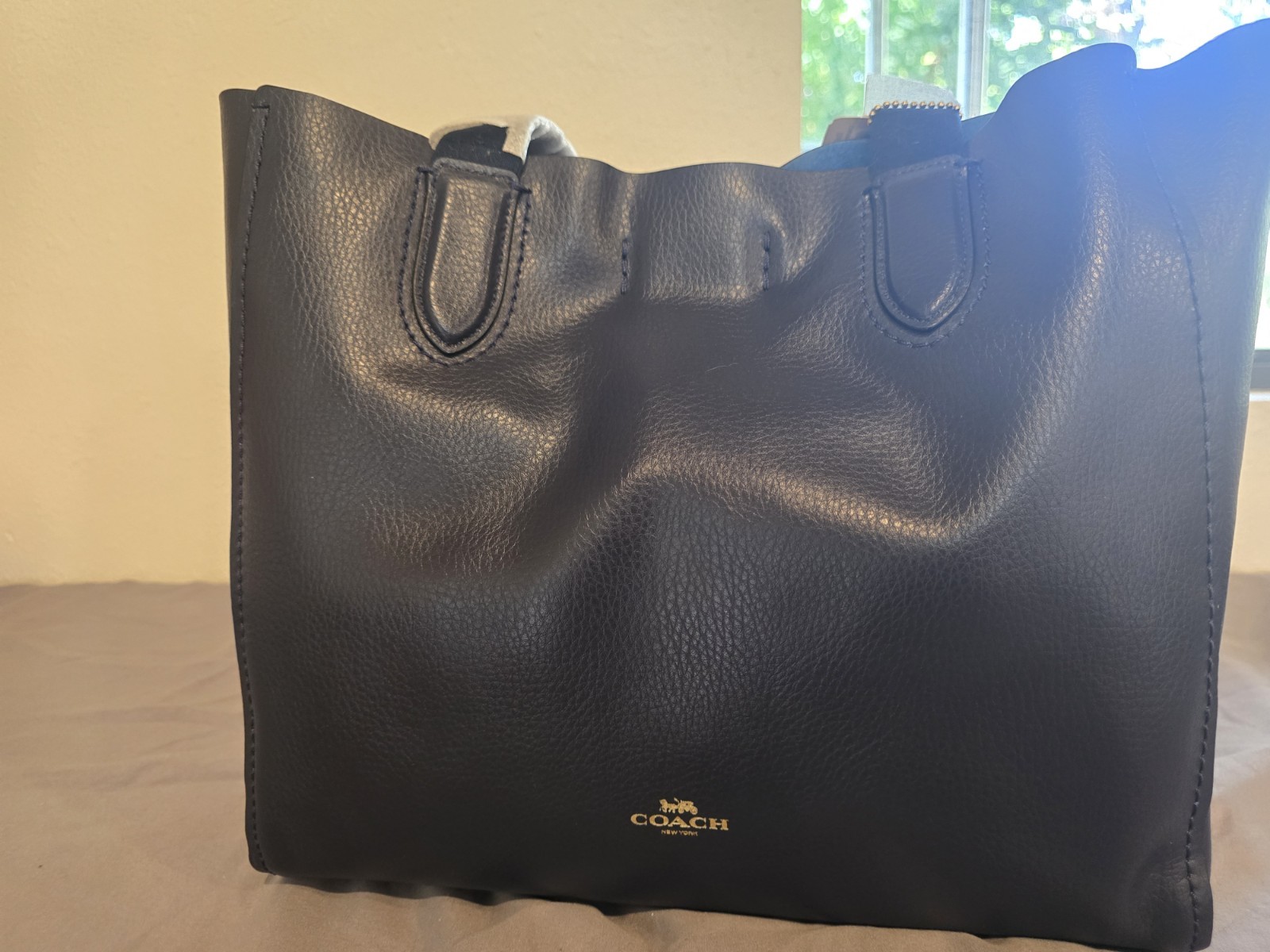 Coach Derby Tote Pebble Leather Shoulder Bag Navy Blue W/ Gold Coach Tag