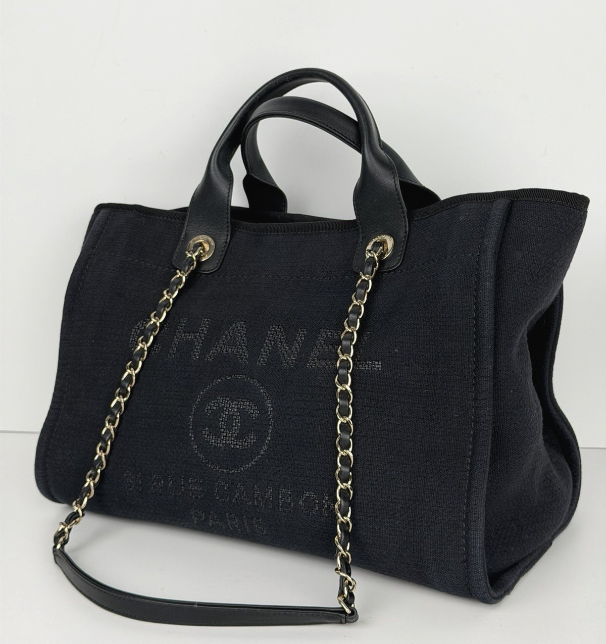 Chanel Deauville Tote Bag Small in Black Canvas with Gold-Tone Hardware NFC C4