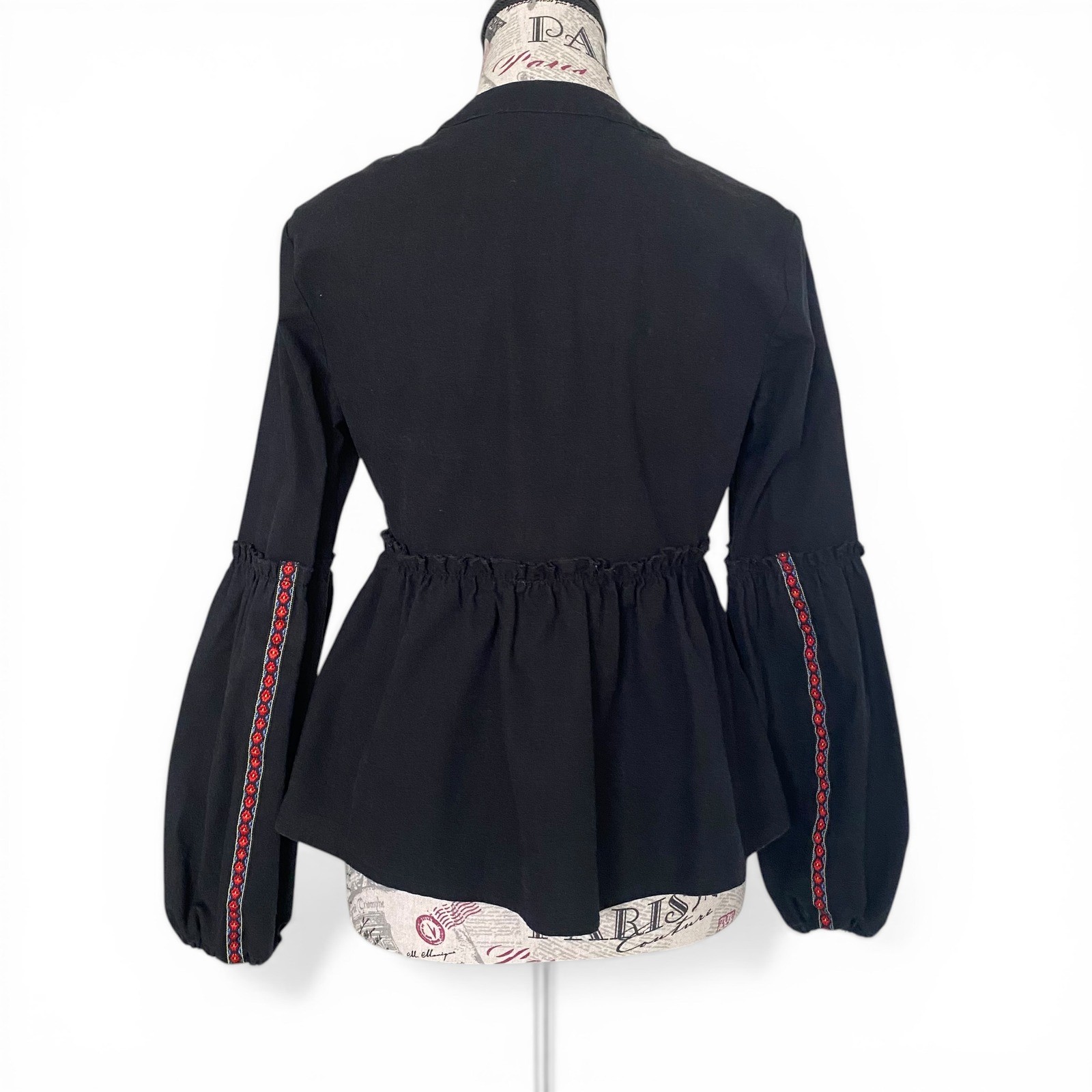 Catch Stitch Jacket Womens Medium Black Embroidered Lantern Sleeve Boho