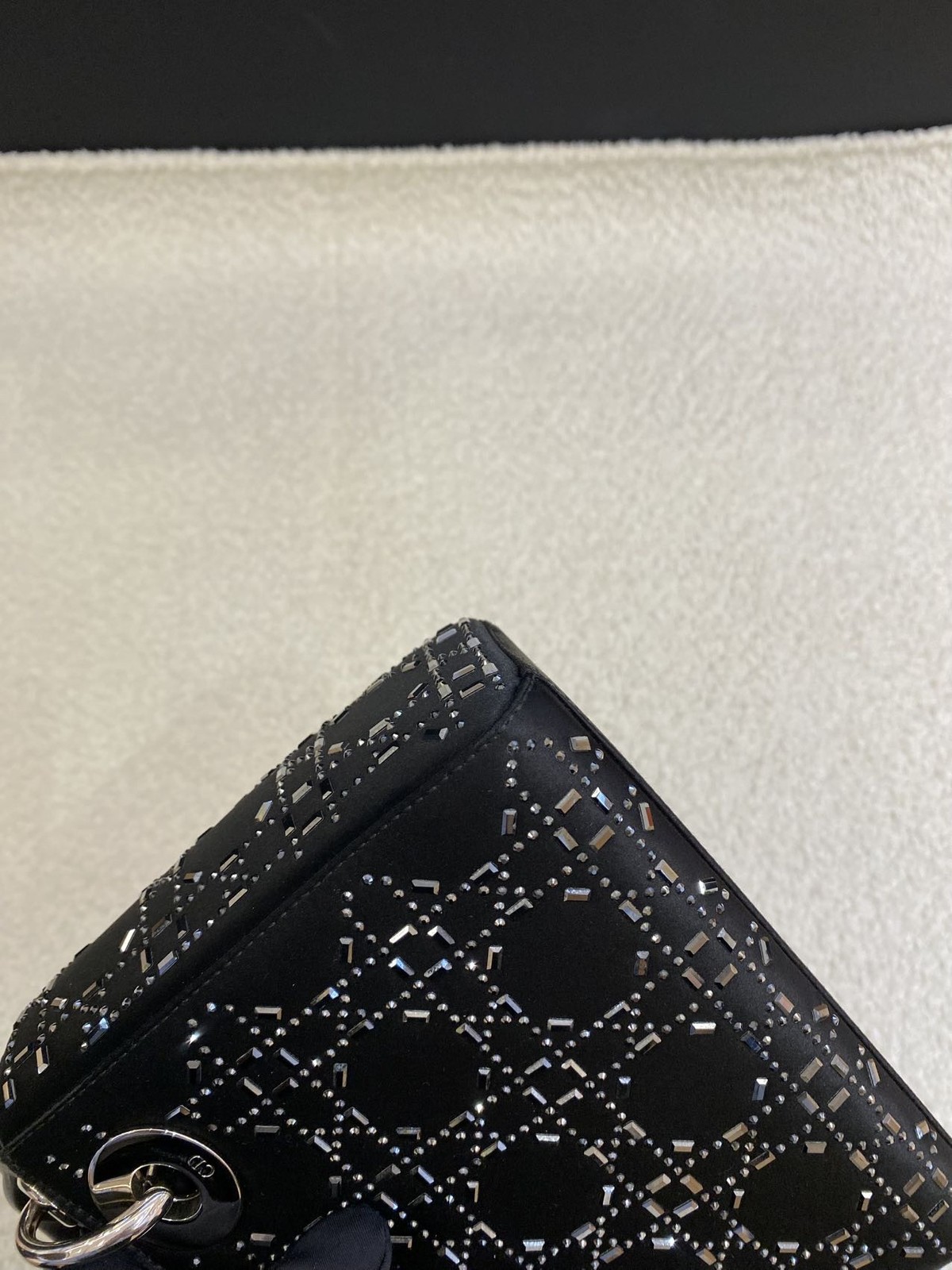 Dior Lady Dior Mini Black Satin Rhinestone 3-Grid Top Handle Bag Duty Paid
