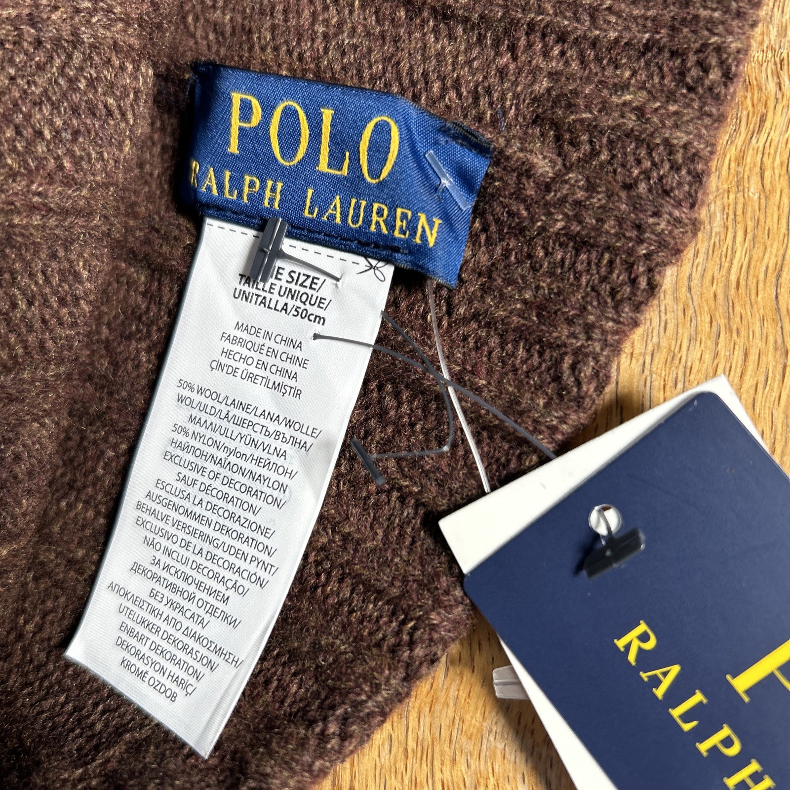 Polo Ralph Lauren Dark Brown Heather Wool Blend Ribbed Cuff Beanie Men One Size