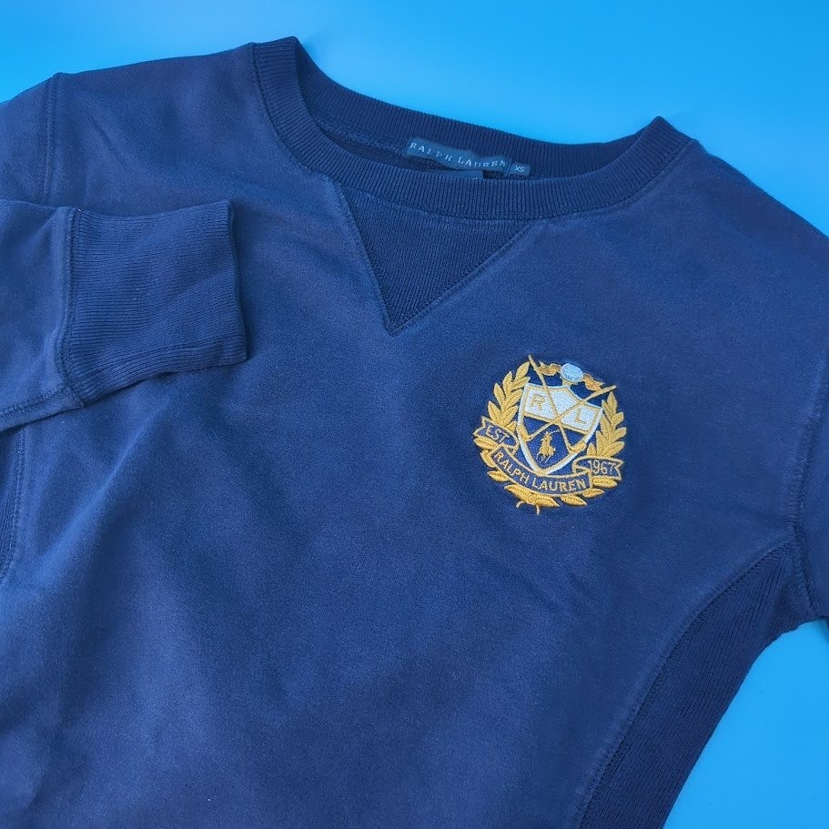 Ralph Lauren Crest Sweatshirt Womens XS Navy Blue Embroidered Logo Elbow Patches