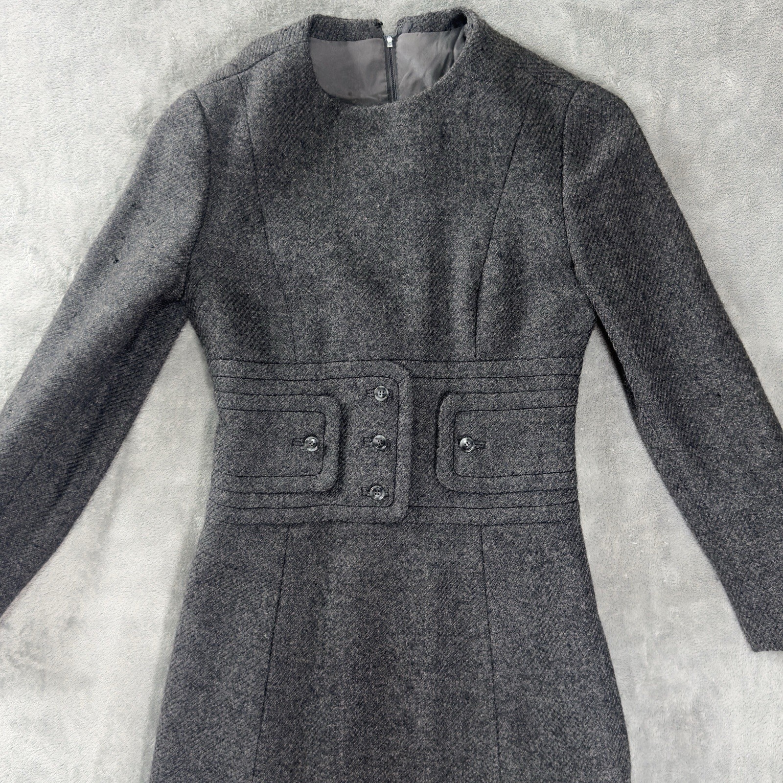 Vintage James Galanos Gray Wool Dress 60s American Couture Mod Tweed Belted True