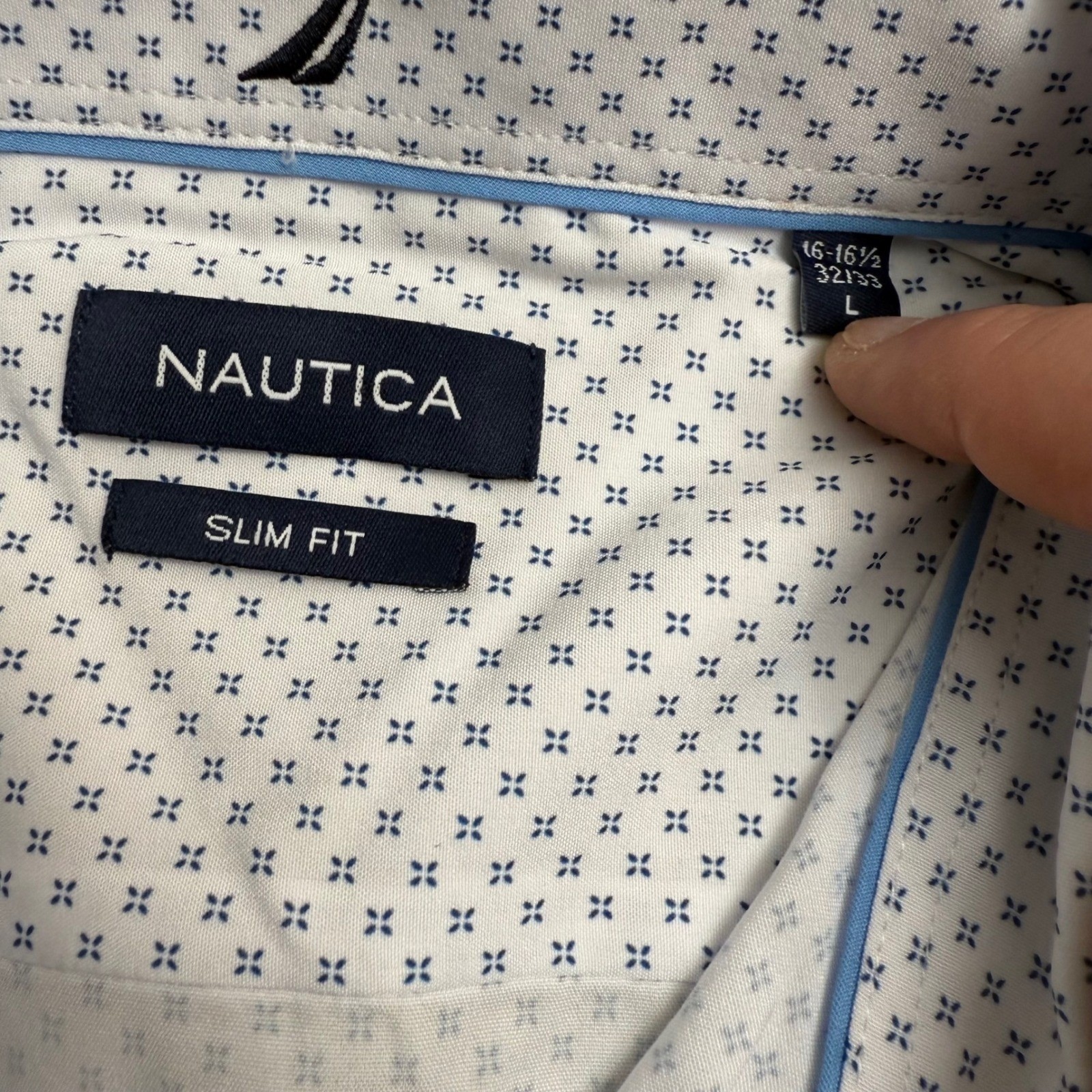 Nautica Mens Slim Fit Performance Dress Shirt Blue Geo Print Long Sleeve Size L