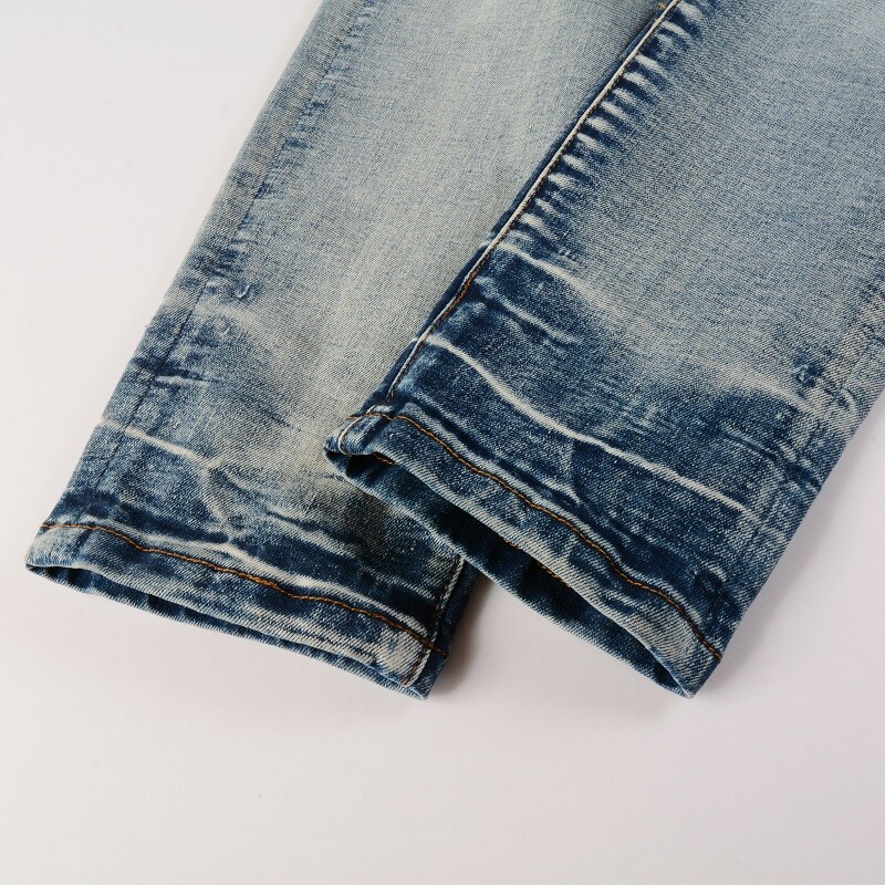 Men’s Slim Fit Stretch Denim Jeans with Paisley Patch Detail & Distressed Wash