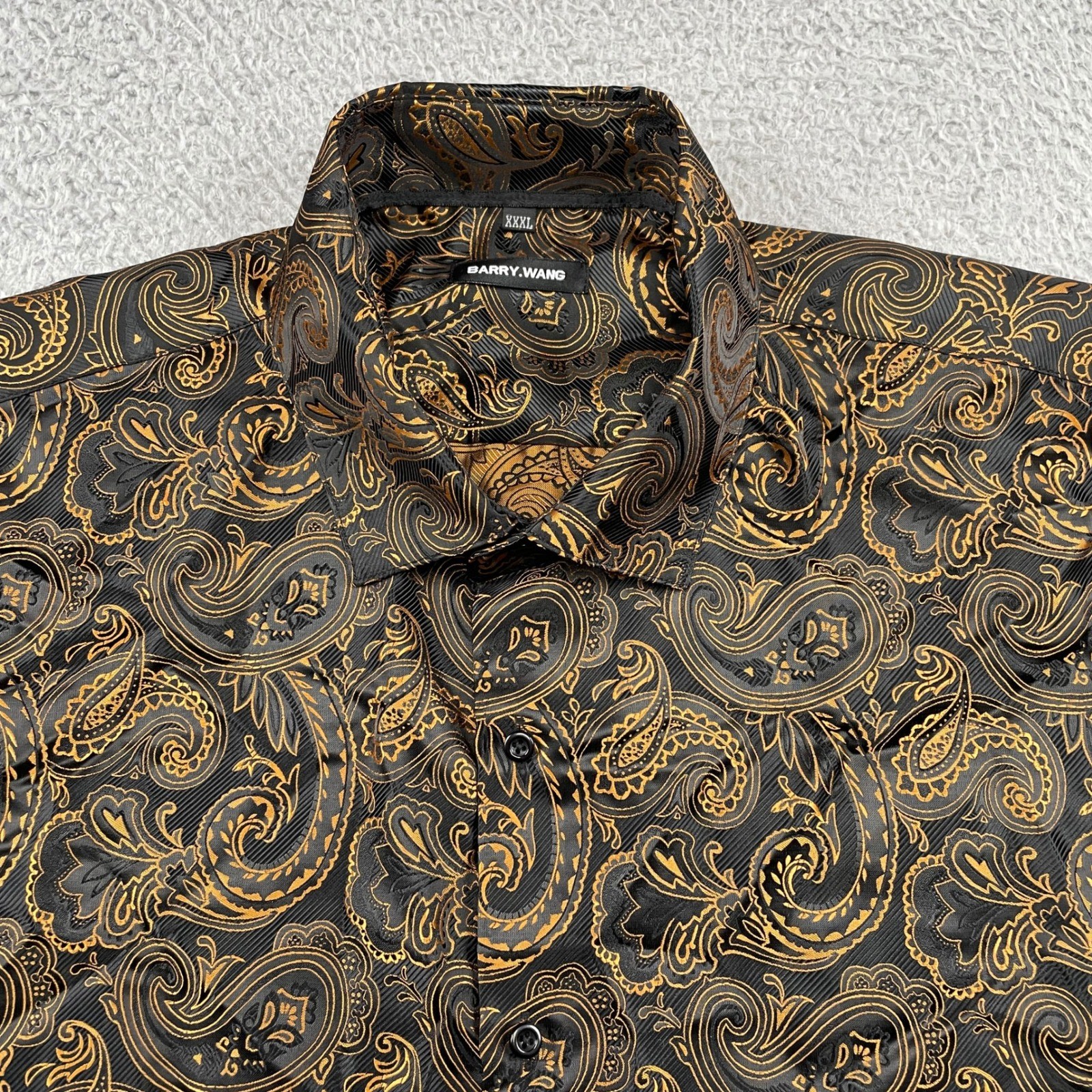Barry Wang Button Down Mens XXXL Black Gold Paisley Dress Shirt Long Sleeve Silk