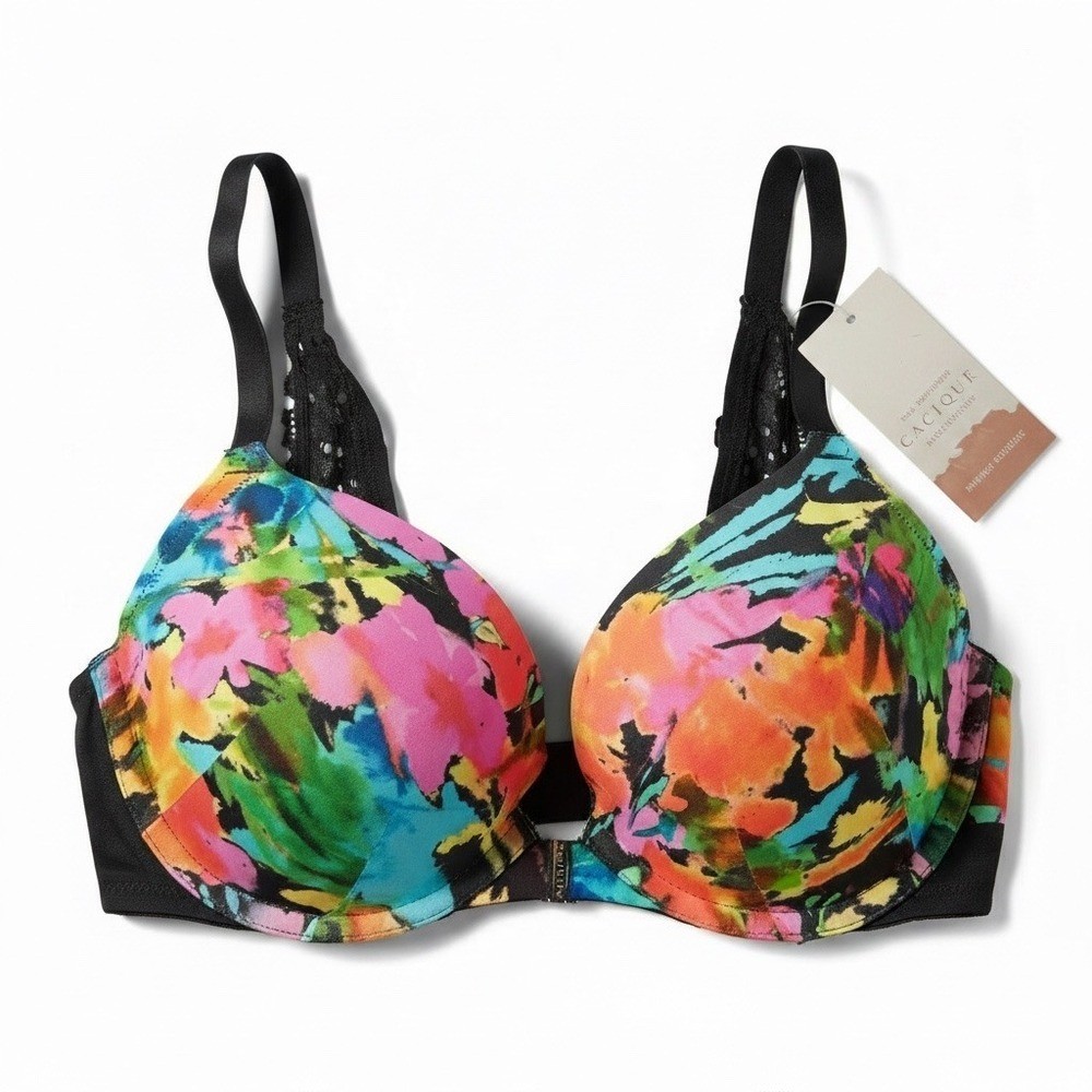 Cacique Boost Plunge Front Closure Bra Floral Lace Back Multi Color NWT 36DD