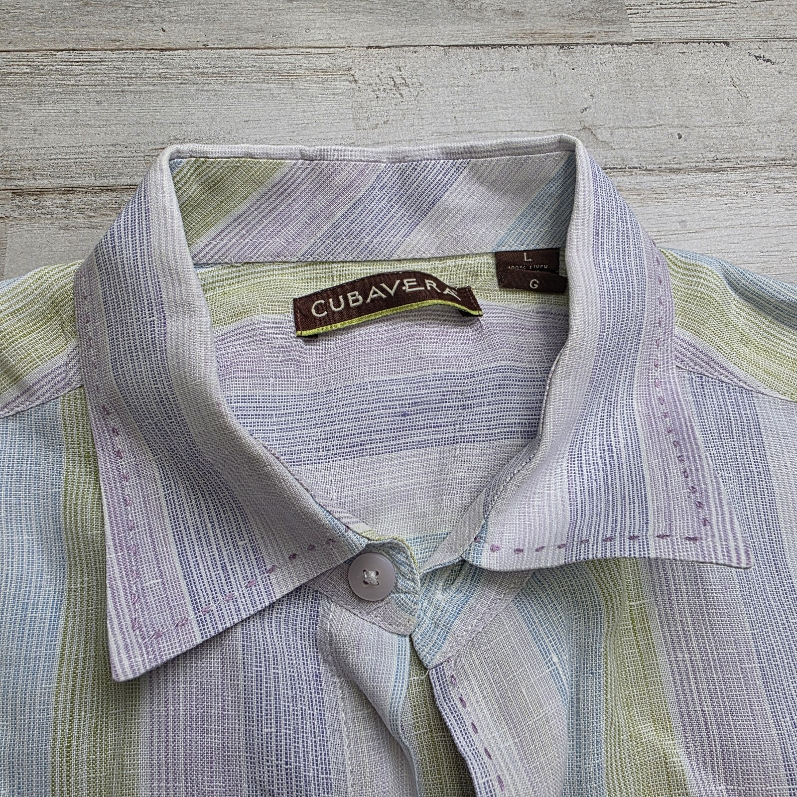 Cubavera Mens Shirt LG Button Down Pastel Stripe Casual Short Sleeve 100% Linen