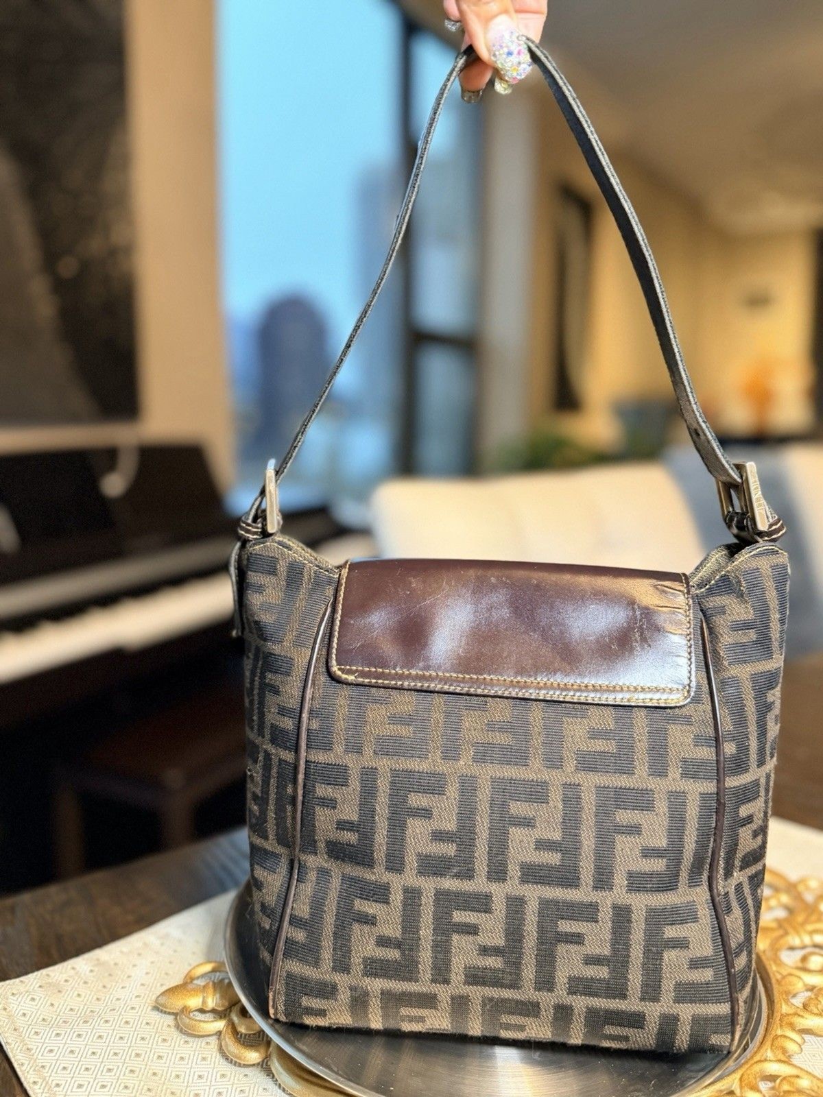 ✨ Authentic Fendi Zucca Shoulder Top Handle Crossbody Bag Canvas & Leather FF