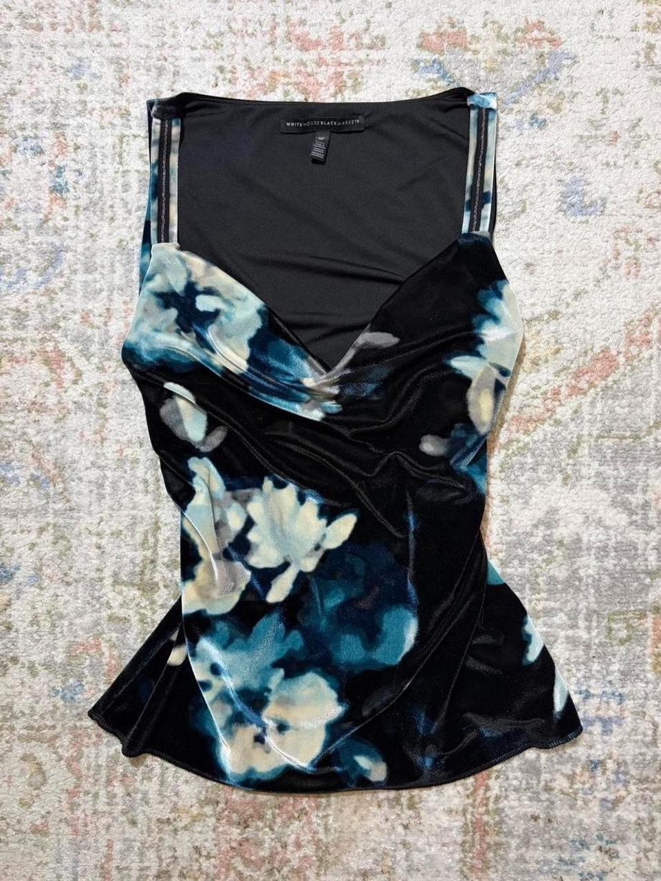 White House Black Market SP Petite Velvet Floral Cami Tank Drape Neck Black Blue