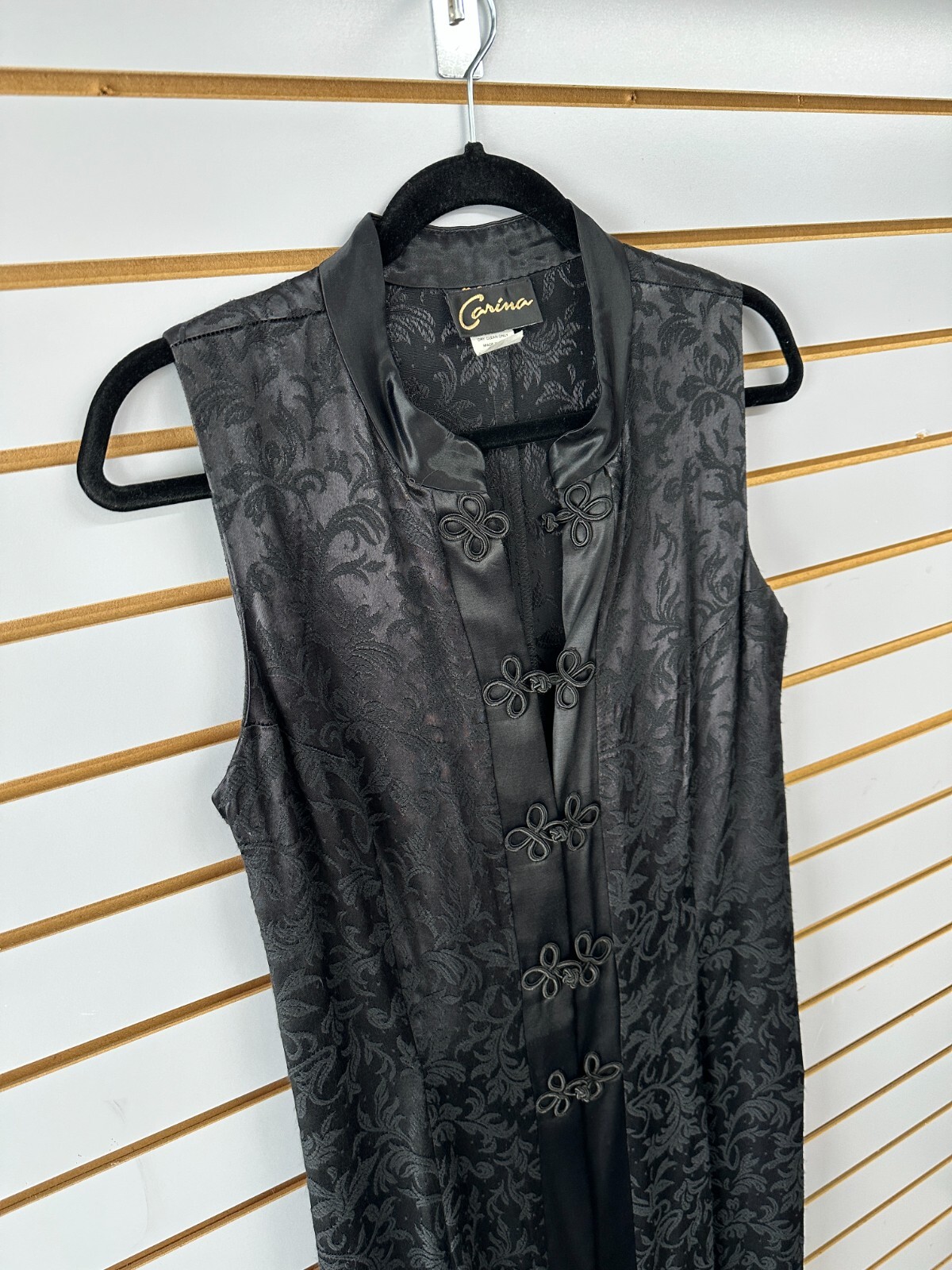Vintage Carina Oriental Vest Size 12 Sleeveless Black Ornate Long Kimono Duster