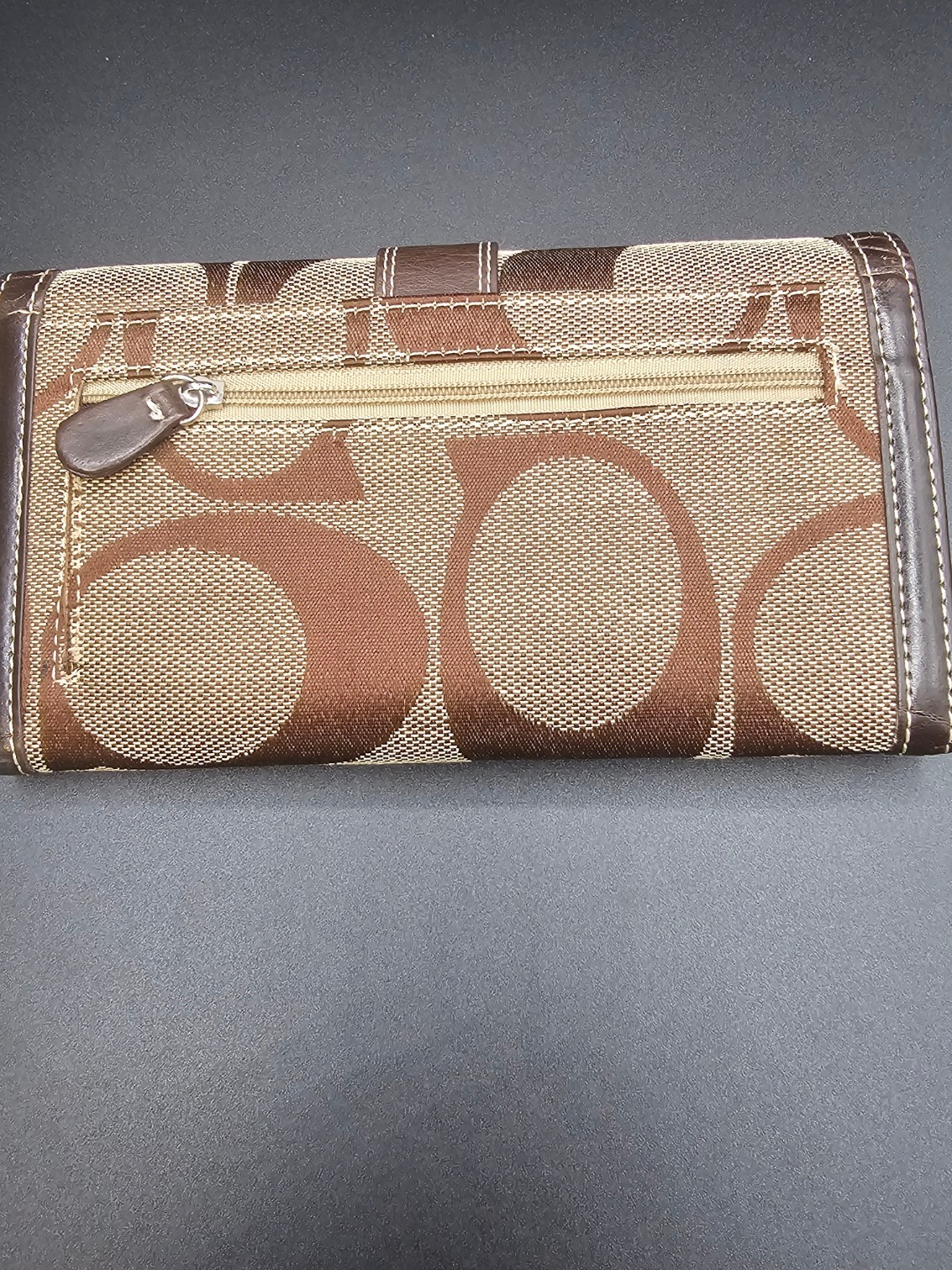 Brown Jacquard Canvas Long Wallet Checkbook Clutch Faux Leather Snap Closure