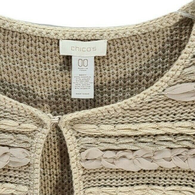 Chicos Womens Loose Weave Sweater Cardigan Crochet Ruffle Braid Size XS 00