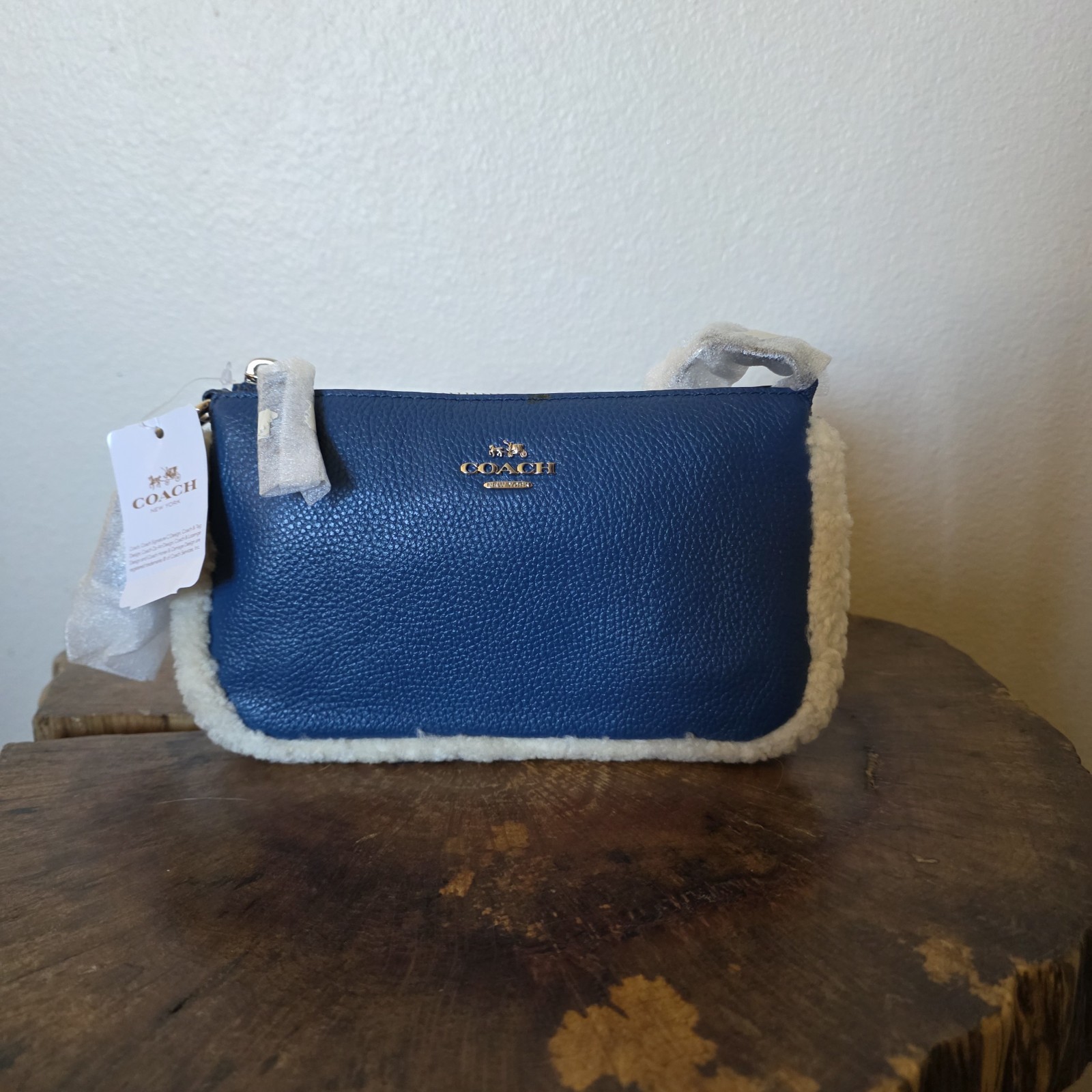 Coach Nolita 19 Shearling Blue Pebble Leather Wristlet Chain Bag NWT