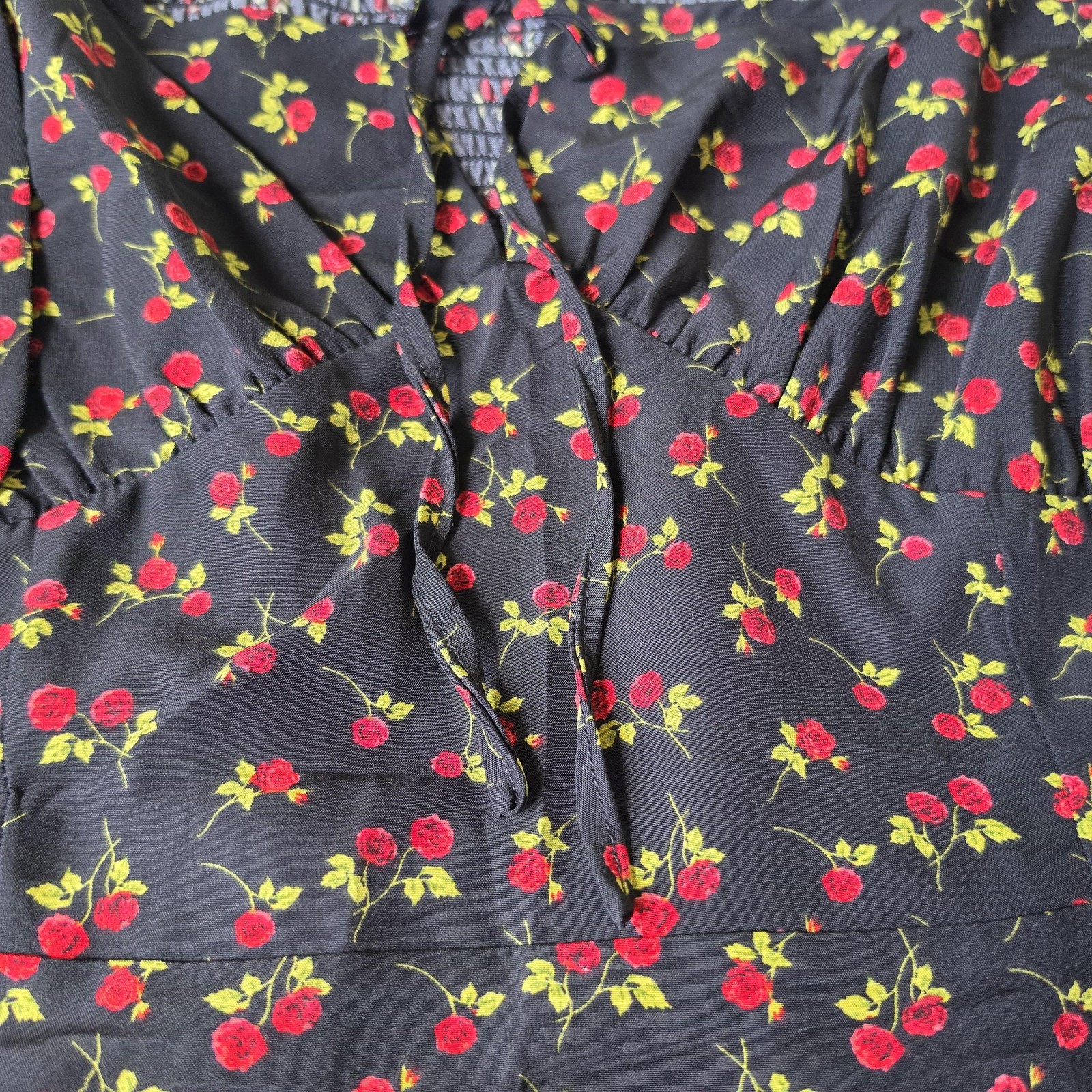 Whimsigoth Dark Romantic Dress Womens Large Black Floral Sweetheart Puff Sleeve