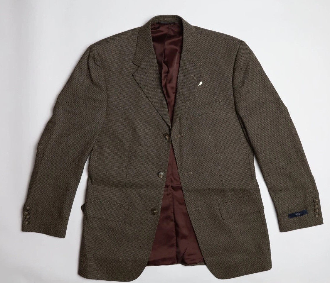 Hickey by Hickey Freeman Birdseye Wool Suit Size 38 R in Brown Black Plaid