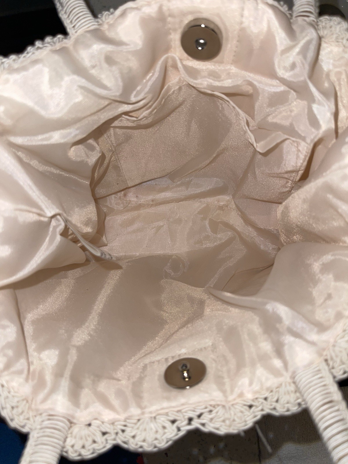 Beige Crochet Woven Top Handle, Magnetic Closure, Satin Lined Bag