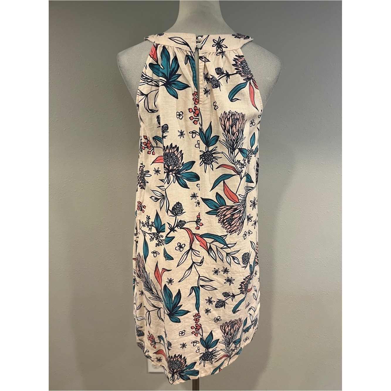 Rachel Ashwell Sleeveless Floral Halter Dress in Cream with Teal & Coral Accents
