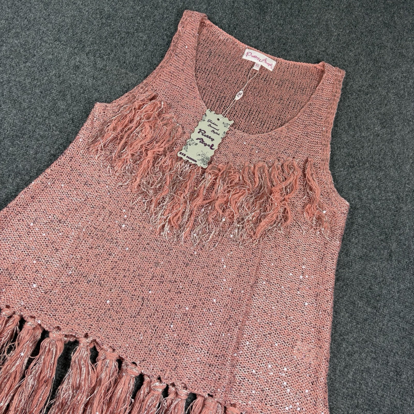 Pretty Angel Womens Crochet Linen Blend Pink Fringed Top Size XL Coastal Cowgirl