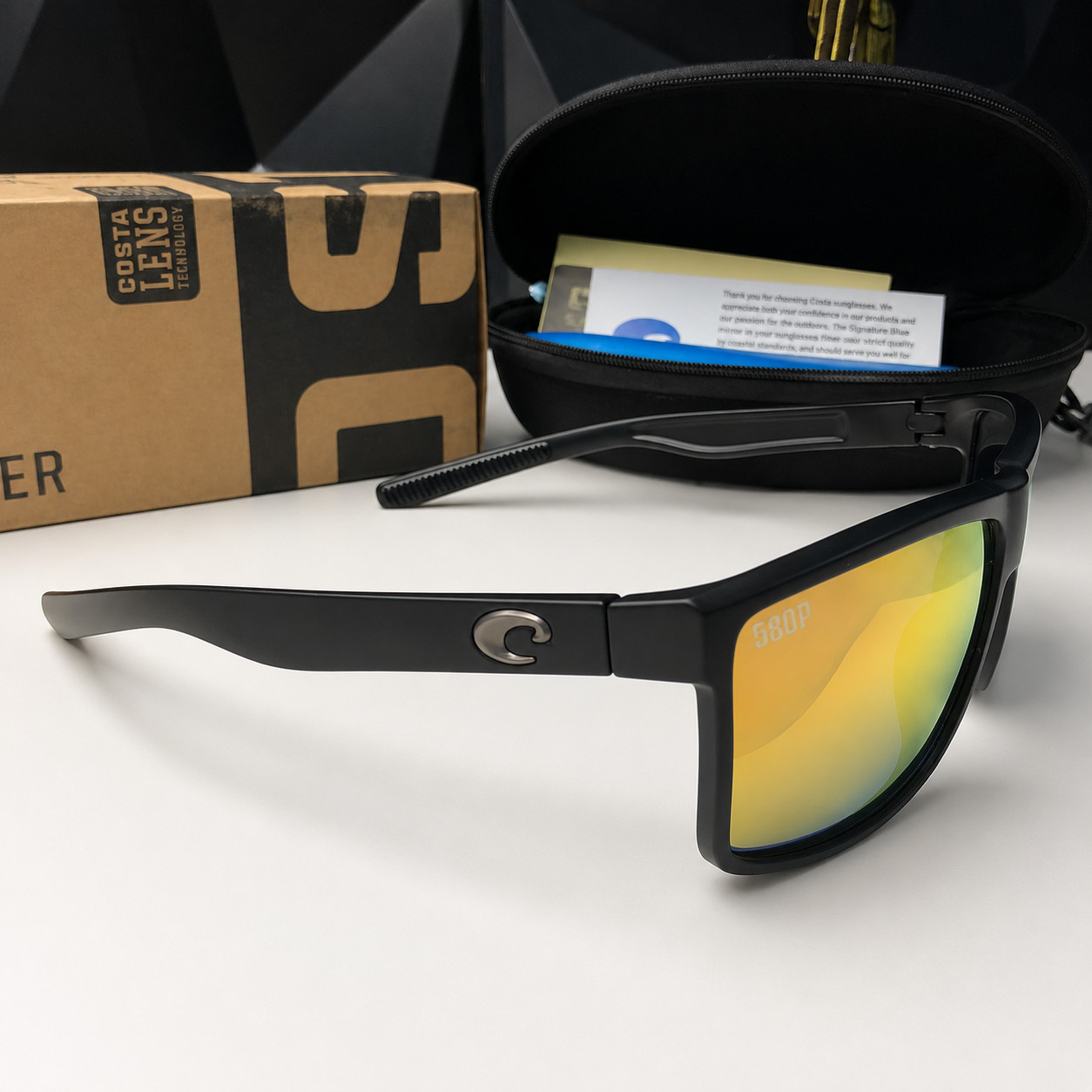NEW Costa Del Mar Rincon Polarized UV Black Frame Orange Mirror Sunglasses