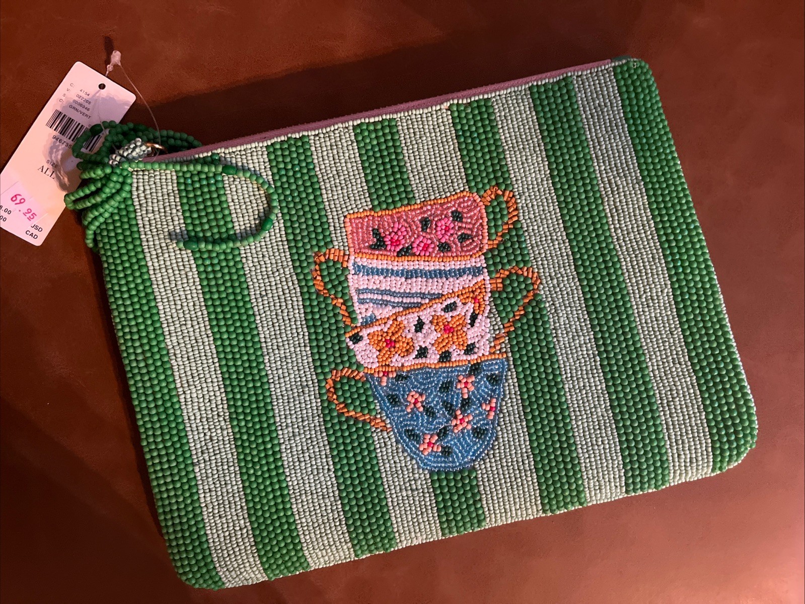 Anthropologie Fiona Beaded Tea Cups Green Blue White Pouch Clutch New NWT