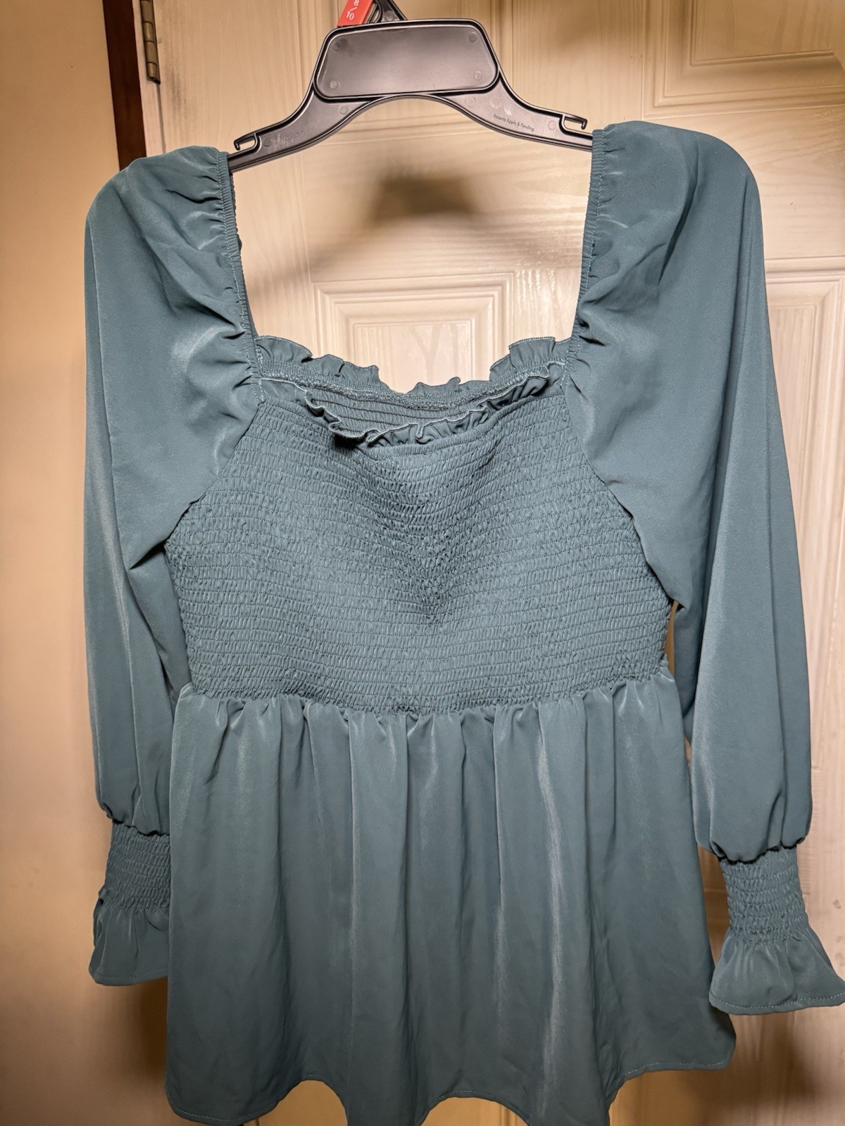 Women’s Blue Square Neck Smocked Ruffle Long Sleeve Peplum Blouse Size M