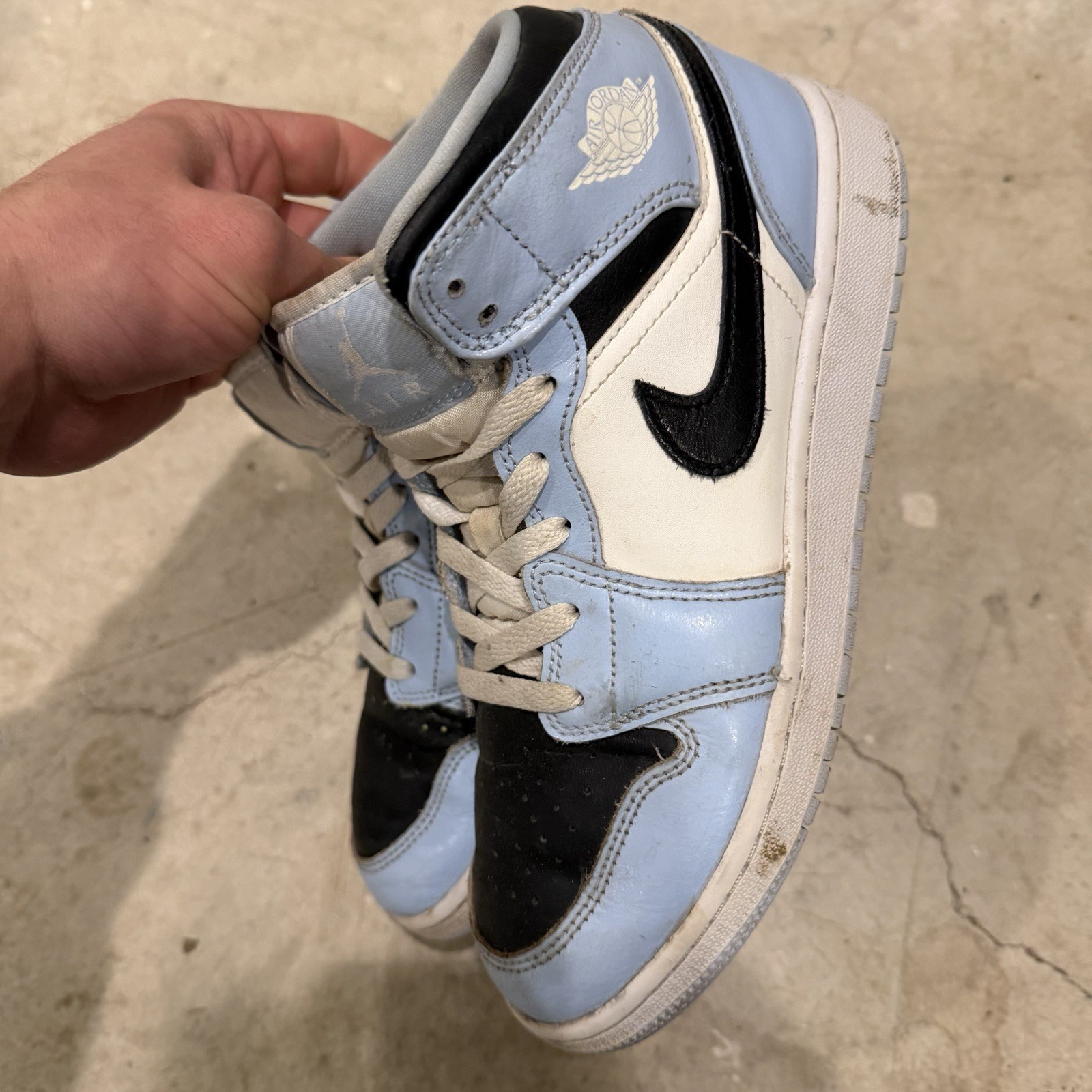 Size 6.5Y – Nike Air Jordan 1 Mid GS Ice Blue Black White *DISTRESSED*