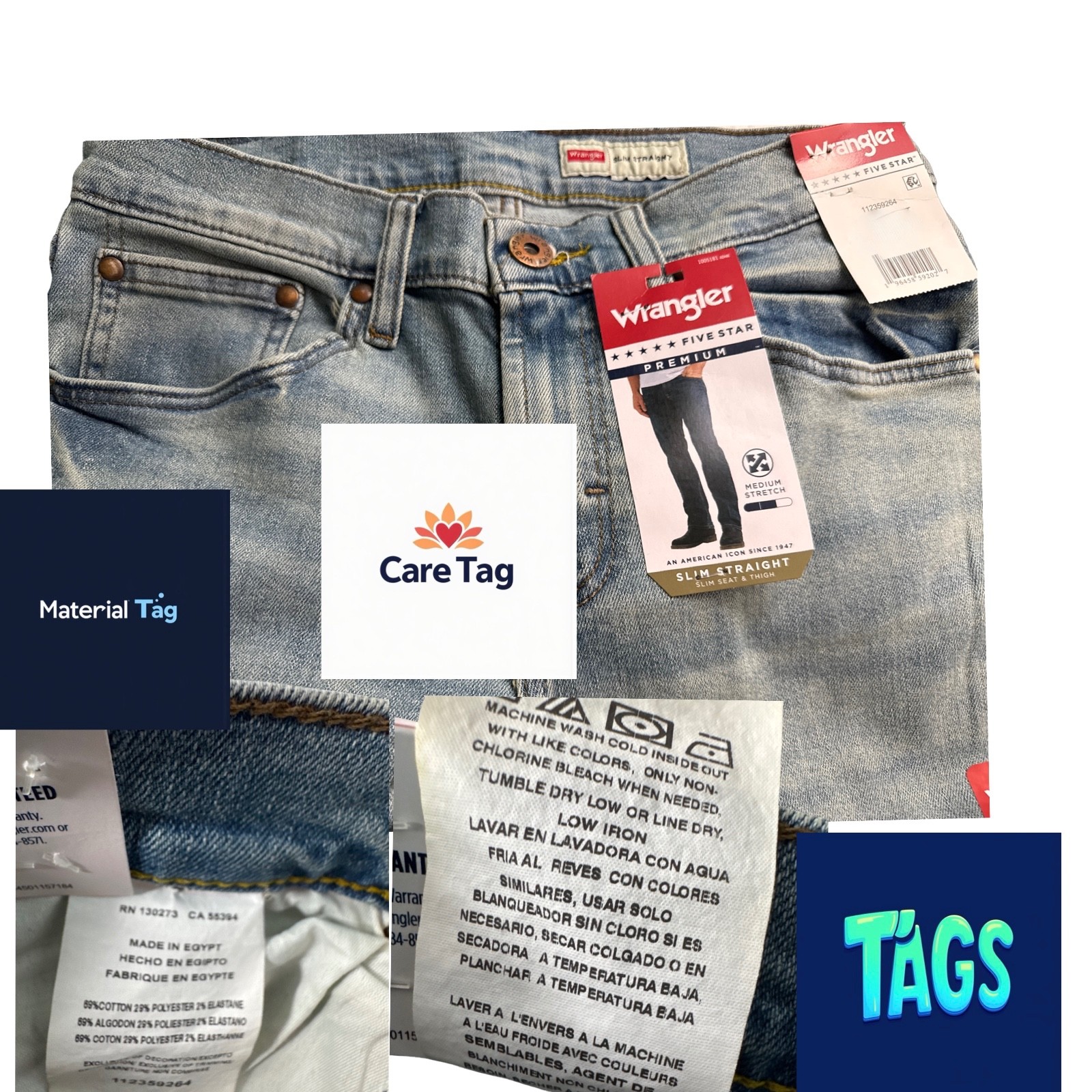 Wrangler Five Star Slim Straight Med Stretch Sz 34X30 Cotton/Polyester/Elastane