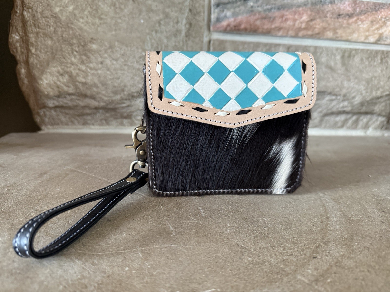 Wristlet Wallet Turquoise, And White Checkered with Black/white Hide