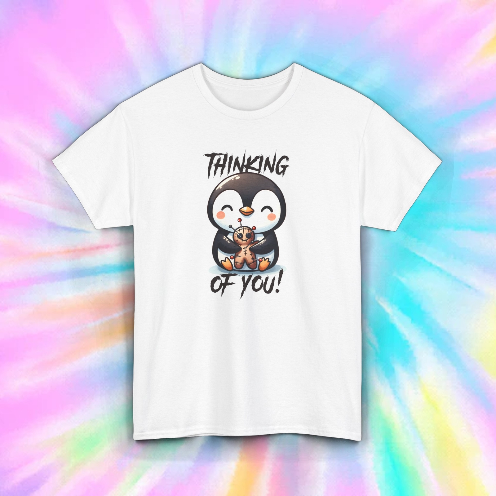 Thinking of You! T-Shirt | Cute Penguin with Voodoo Doll Graphic Tee | S-5XL