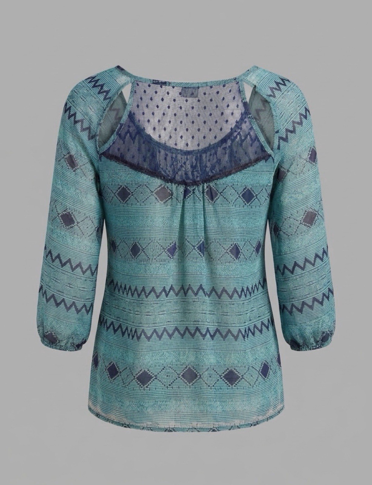 Soprano Women’s M Green/Black Geometric Scoop Neck 3/4 Sheer Mesh Yoke Blouse