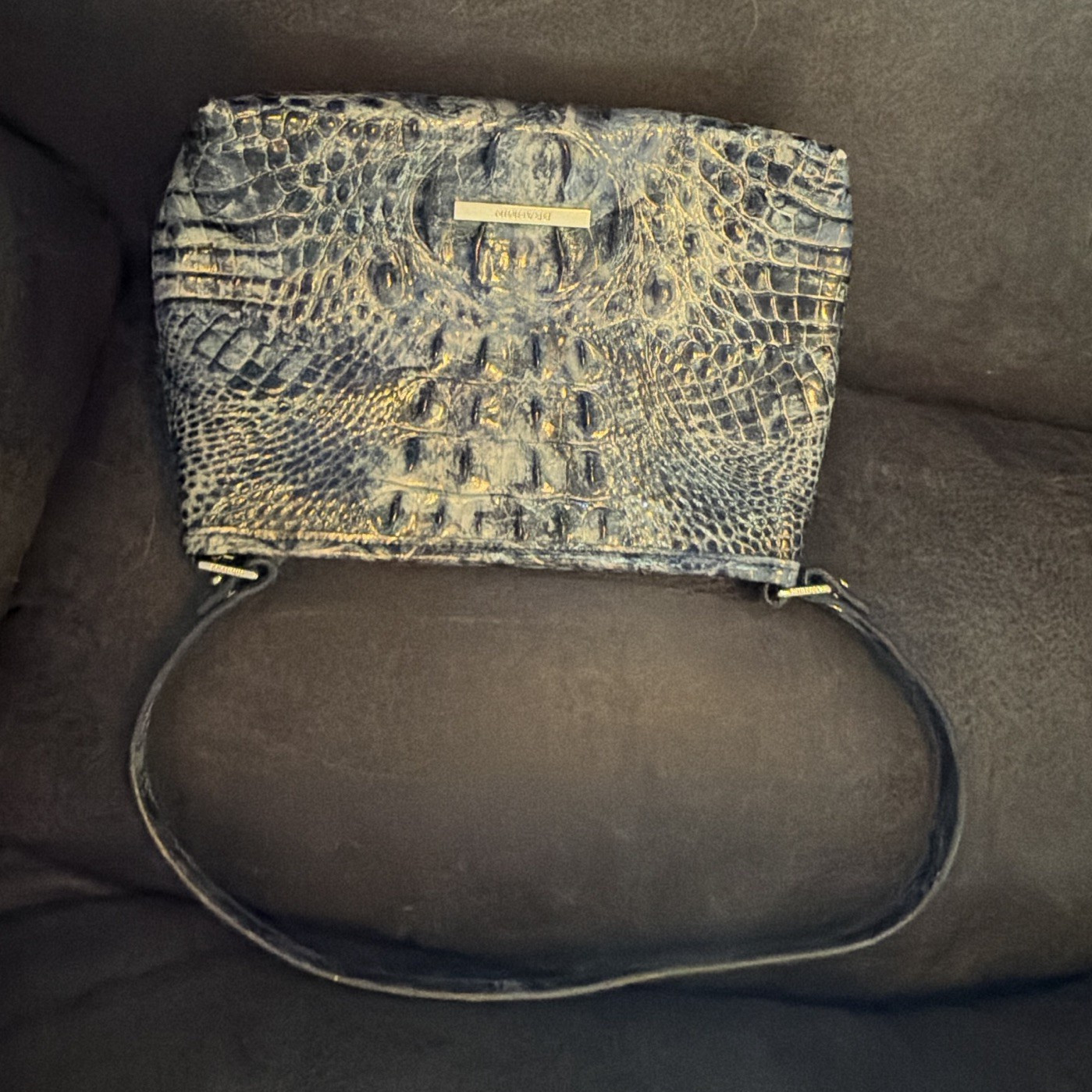 Brahmin Blue Croc Embossed Animal Print Zip Shoulder Bag Purse Gold Hardware