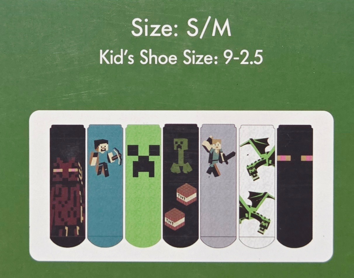Minecraft Cozy Character Print Socks 7 Count Pack — Boys’ S/M Shoe Size 9 – 2.5