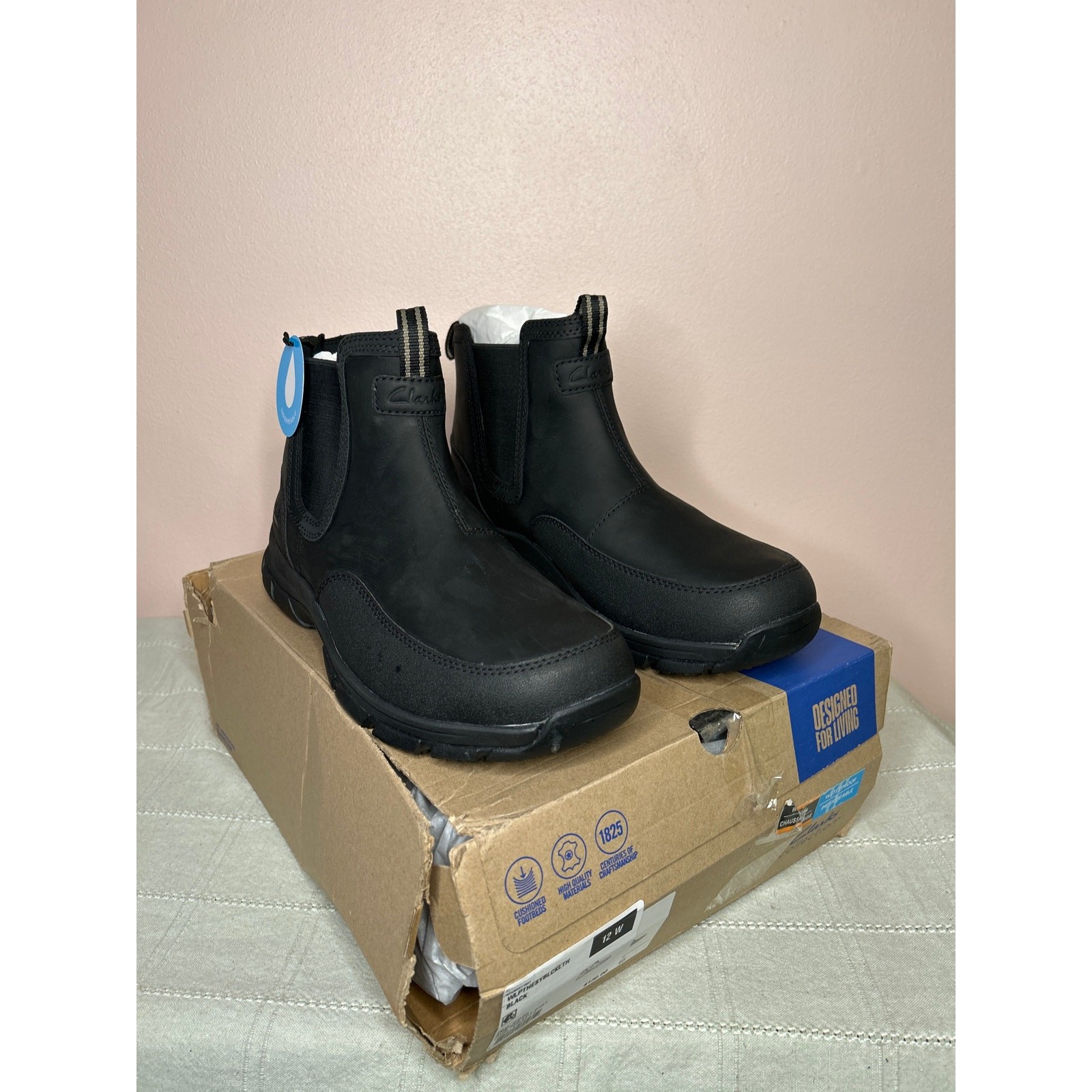 Clarks Men’s Walpath Easy Chelsea Boot Black Leather Size 12 W Waterproof New