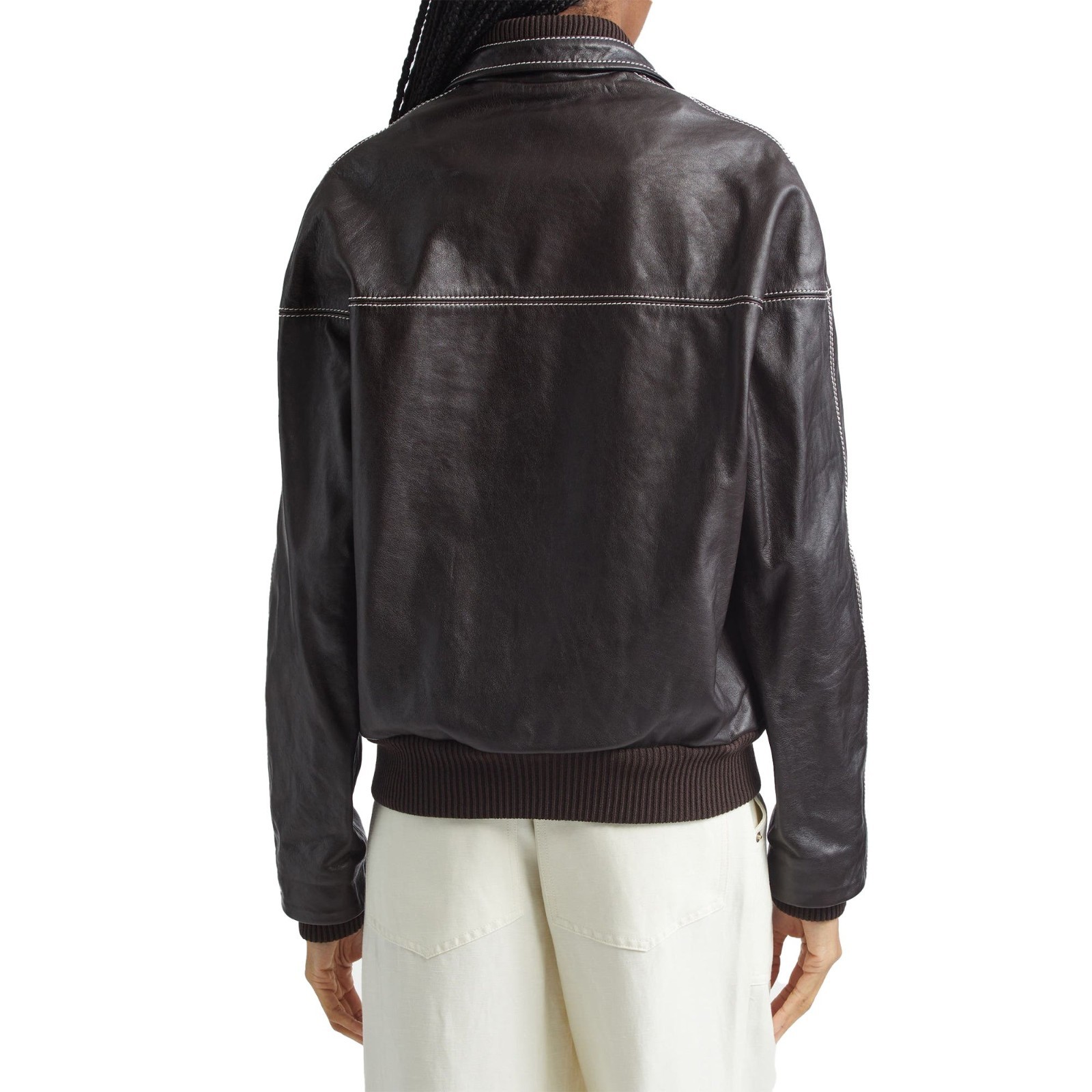 Women’s Real Leather Jacket Dark Brown Button Up Contrast Stitch Biker Coat