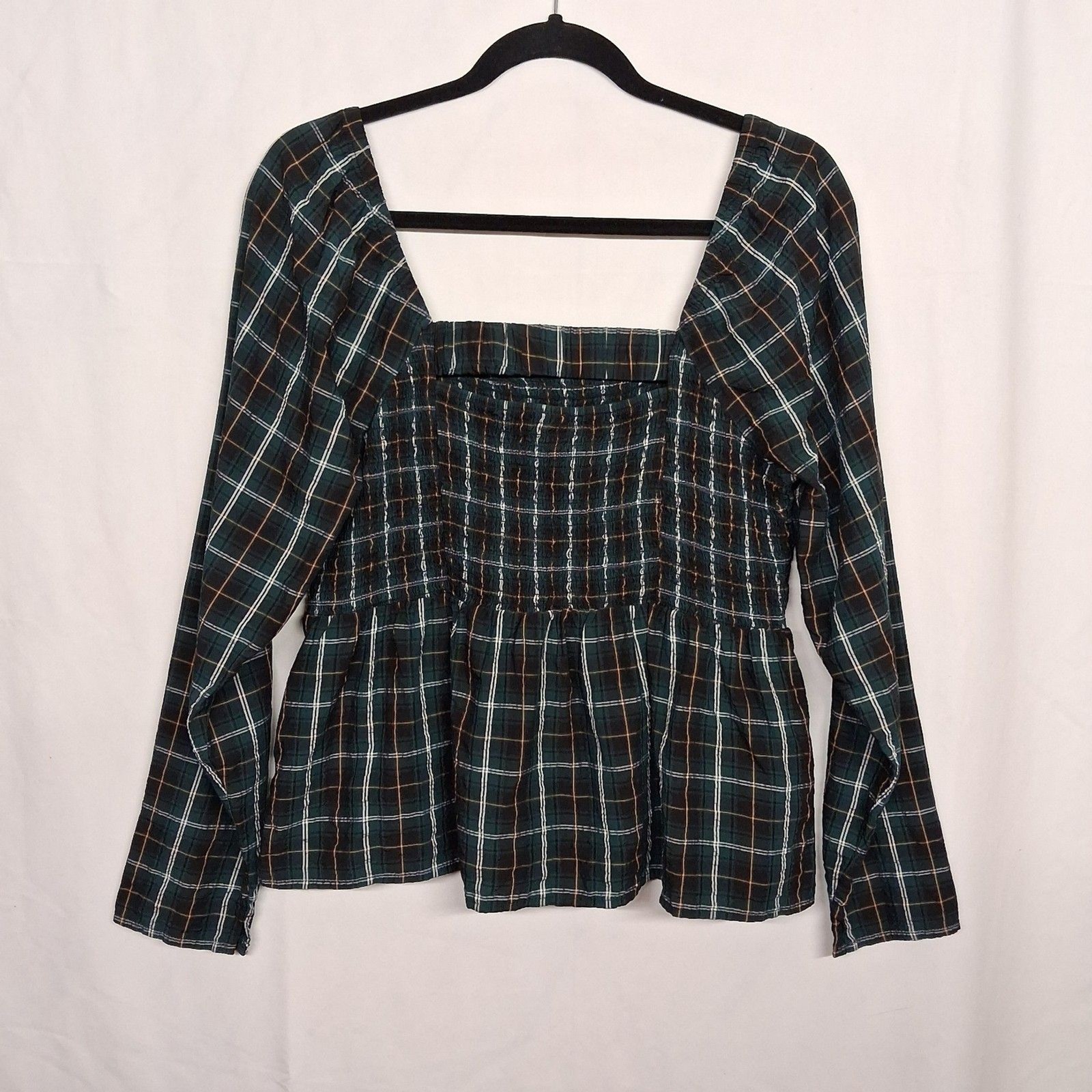 OLD NAVY Plaid Peplum Top Smocked Square Neck Long Sleeve Green Print Large