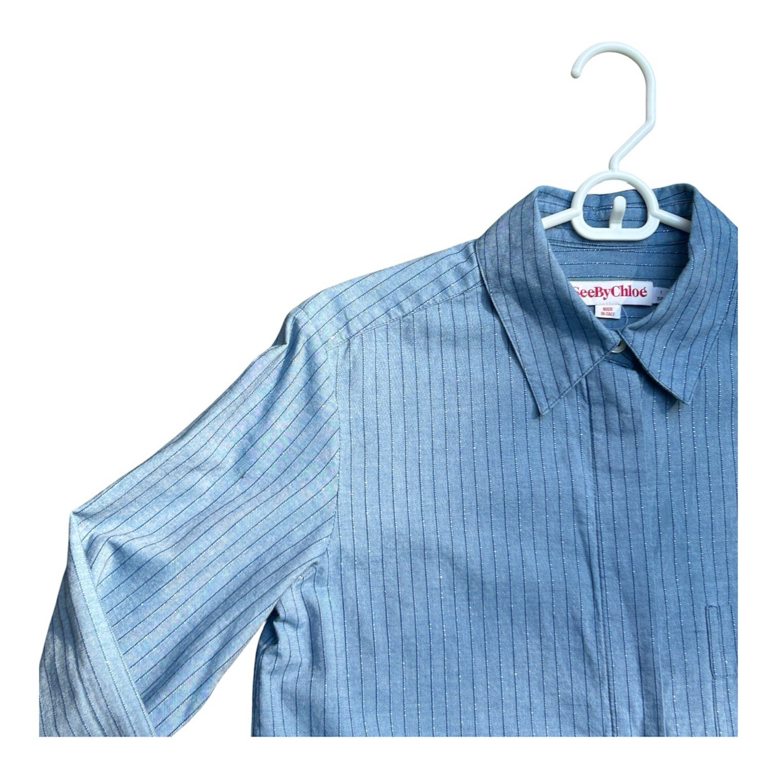 See By Chloe Light Blue Denim Metallic Pinstripe Button-Up Shirt