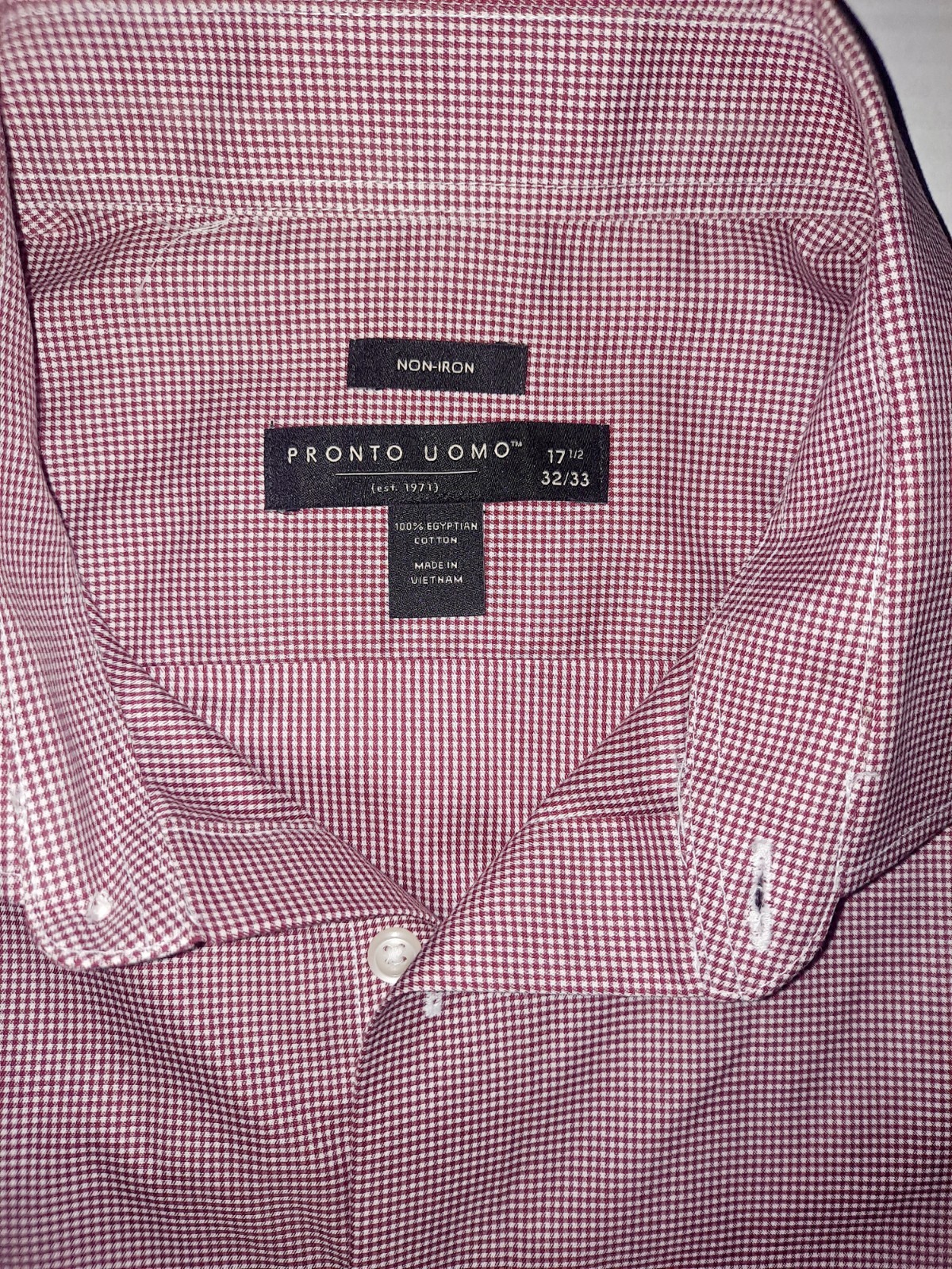 PRONTO UOMO NON-IRON RED WHITE CHECK BUTTON UP DRESS SHIRT MENS 17.5 32/33