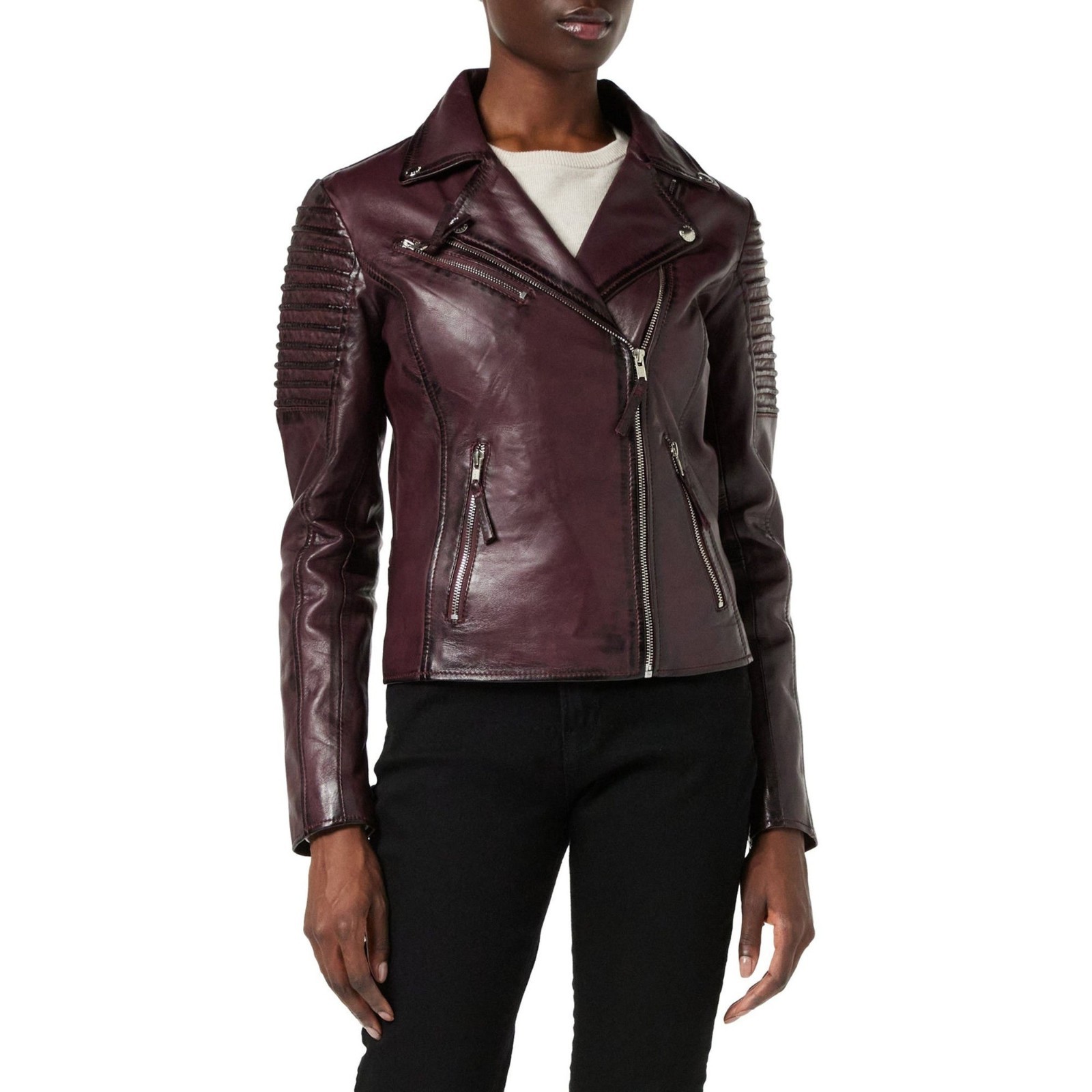 Leather Jacket For Women Burgundy Biker Ribbed Zip Up Motorcycle Racing Coat