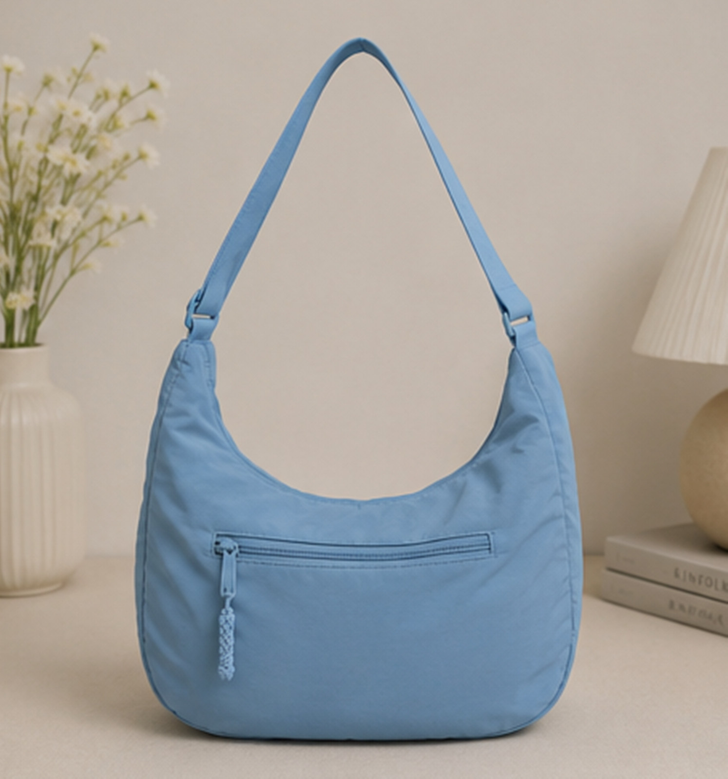 Blue Minimalist Bag, Neutral Half Moon Shoulder Bag