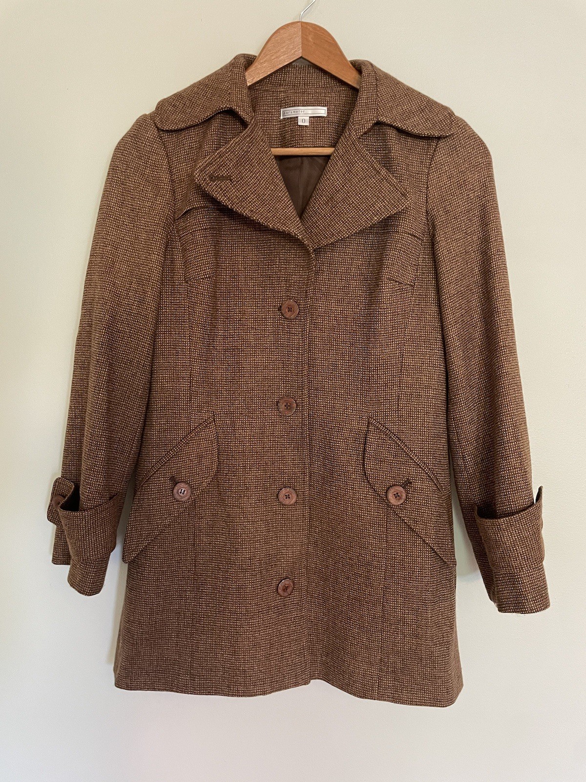 VTG Parameter 100% Virgin Wool Brown Pea Coat With Wooden Buttons. 0. USA Made.