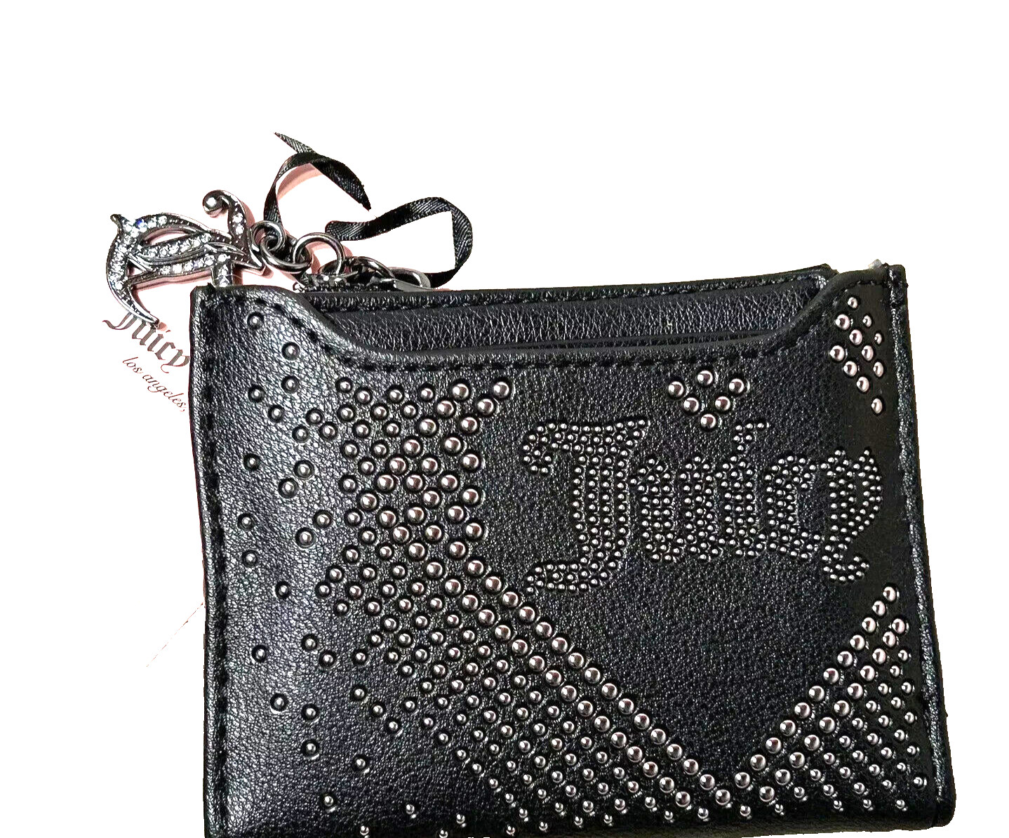 NWT Juicy Couture 2 Piece Set Bifold Wallet + Card Case Silver Tone Studded Logo