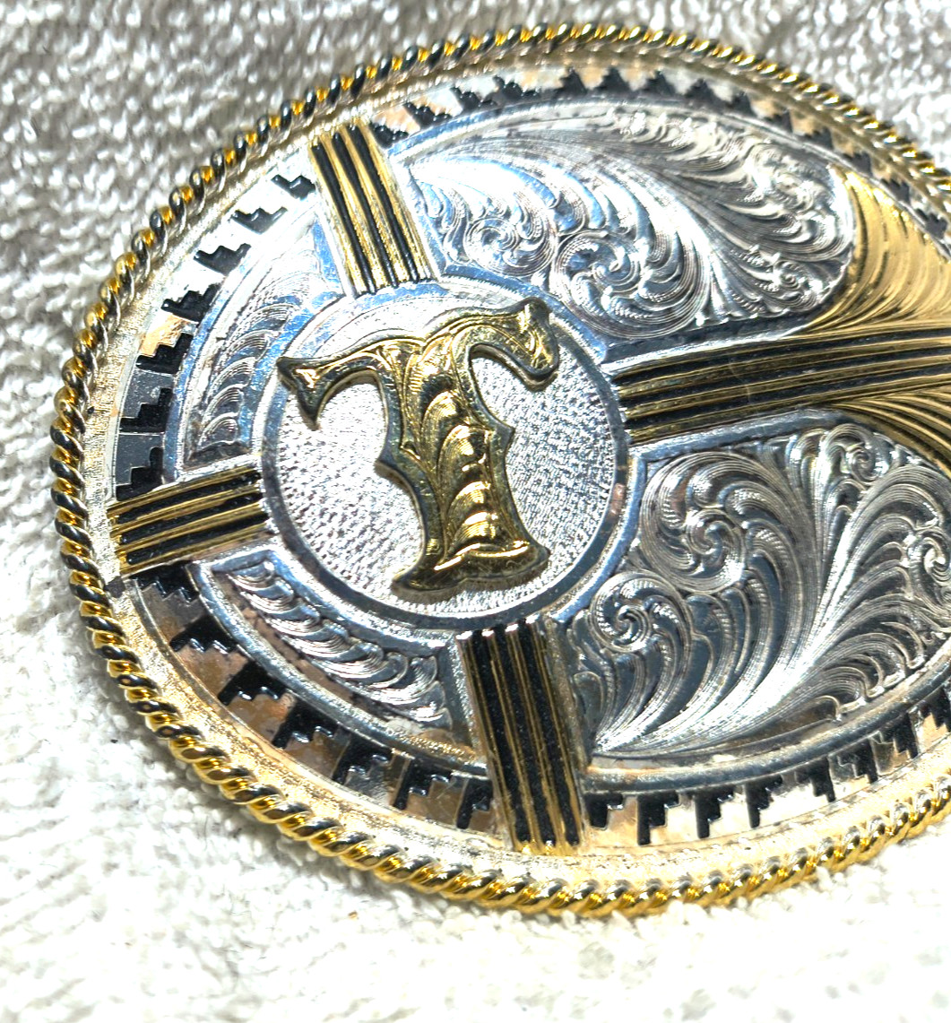 Montana Silversmiths Letter T Buckle Aztec Rope Edge Silver Gold Oval Vintage