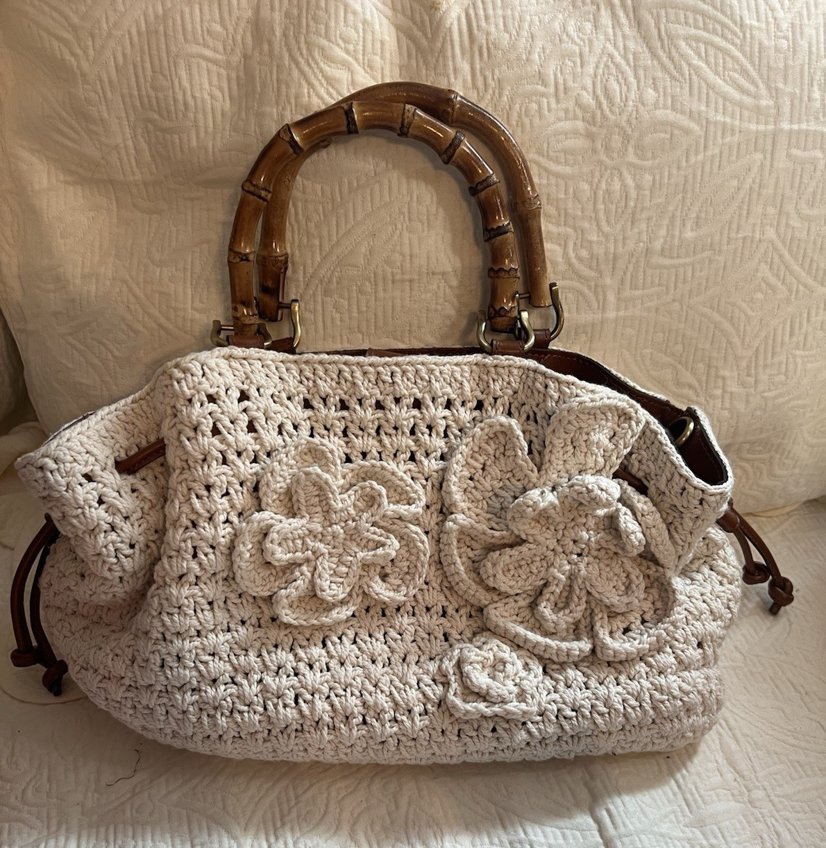 Patricia Nash Beige Floral Applique Satchel Bamboo Handle Crossbody Strap Medium