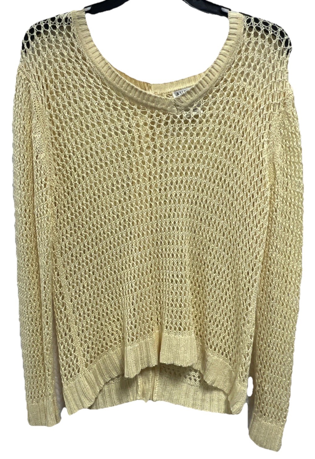 Avalin Yellow Open Weave Mesh Sweater Linen Blend Button Back Boho Coastal L