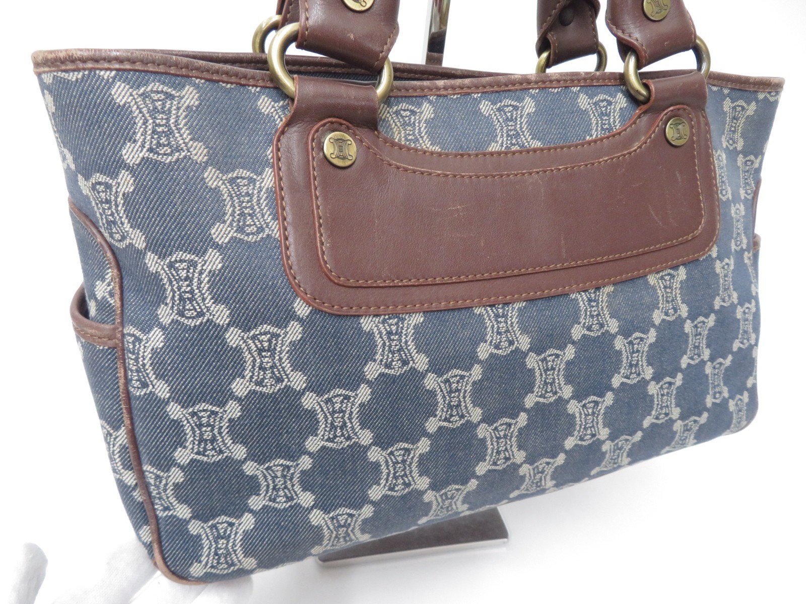 Authentic CELINE Denim Paris Macadam Canvas Leather Boogie Bag Hand Bag I#50347