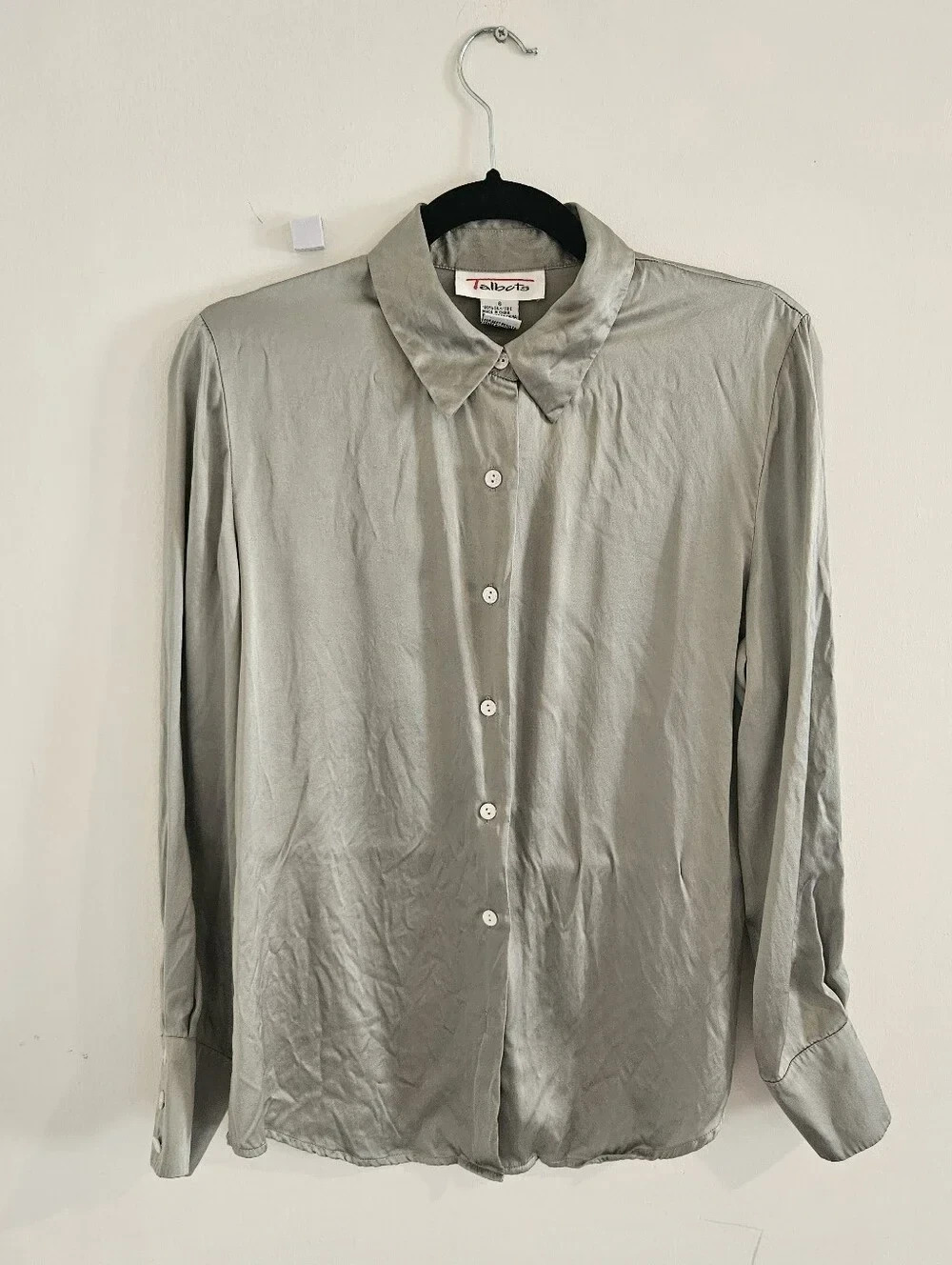Talbots 100% Silk Blouse Button Down Shirt, Light Sage Green, Size 6