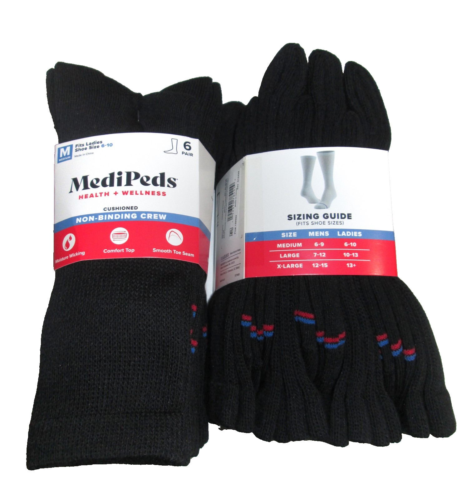 6 Pairs Medipeds Womens Cushioned Moisture Wicking Black Diabetic Crew Socks