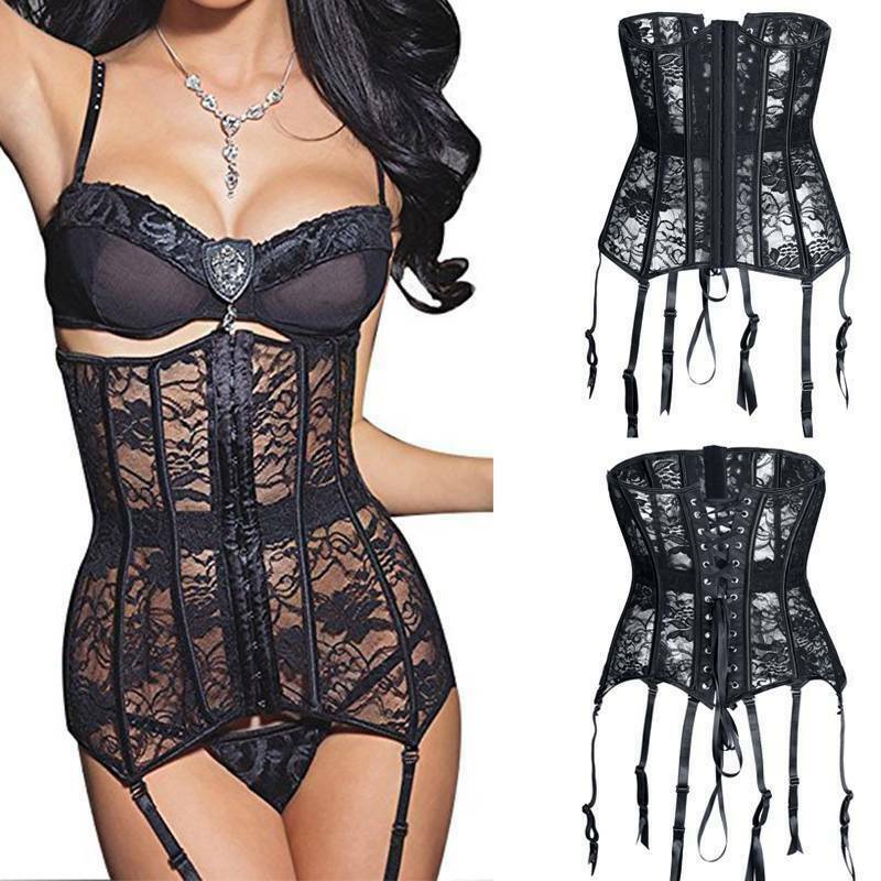 Black Sexy Push-Up Bustier Underbust Lace Up Corset Steampunk Basques Lingerie
